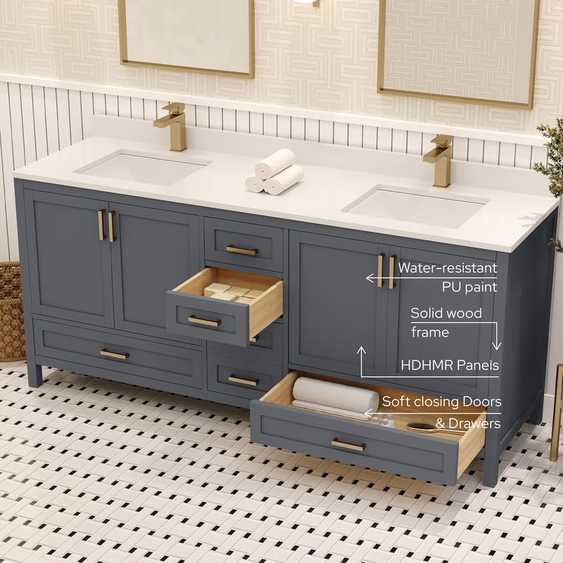 Ayna Decors Rooh 72 in Charcoal Grey Double Sink Bathroom Vanity Set with White Quartz Countertop | 4 Soft Closing Doors | 5 Full Extention Soft Close Drawers | Gold Hardware Ayna Decors