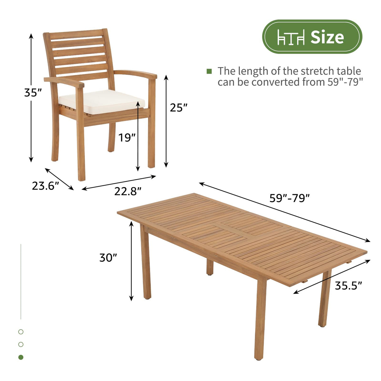 OC Orange-Casual 7 Piece Patio Dining Set, Outdoor Acacia Wood Furniture Set, Extendable Rectangular Table and 6 Stackable Chairs w/Removeable Fabric Cushion, White Cushion OC Orange-Casual