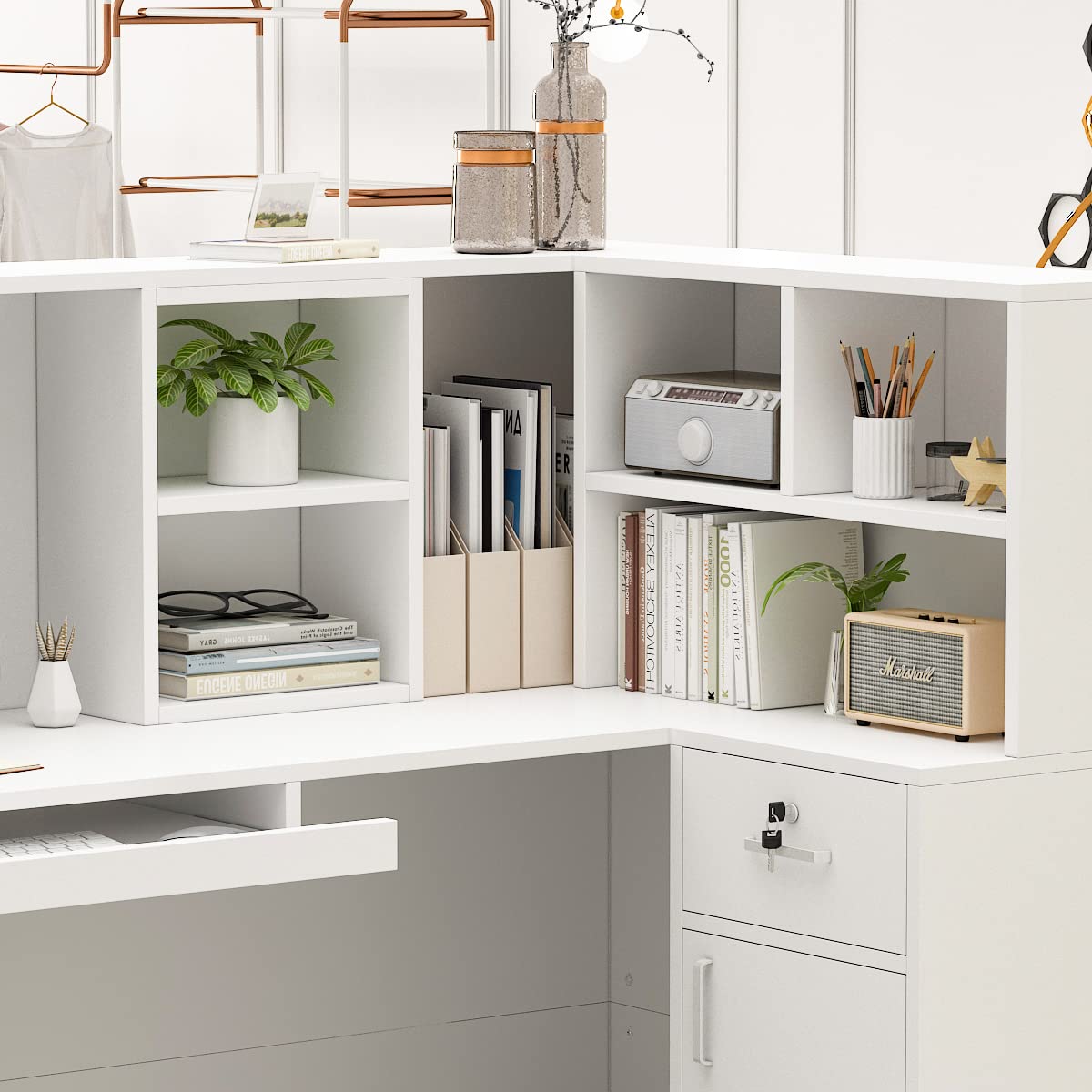 Homsee Reception Desk L-Shaped Office Desk with Counter, 1 Door Storage Cabinet, 1 Lockable Drawer, Hutch Shelf & Keyboard Tray, White Homsee