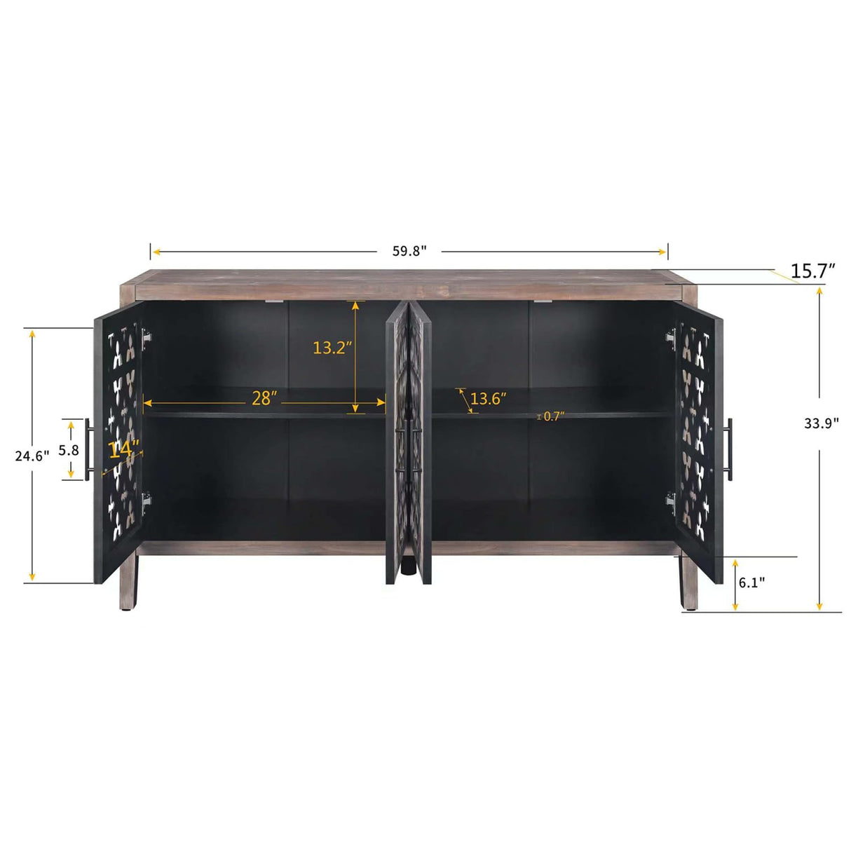 LKTART 59.8" Antique Brown Sideboard Buffet Storage Cabinet Hollow Four Door Antique Cabinet American Country Style Suitable for Living Room Kitchen Hallway LKTART