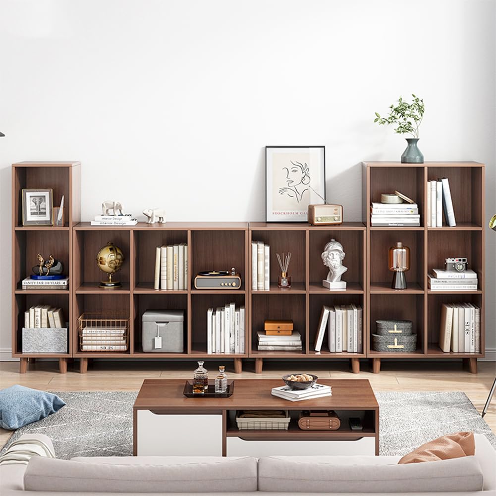 IOTXY Open Cube Low Bookcase - 3-Tier Freestanding Storage Display Cabinet Organizer with Legs for Home Office, 11-Cubes Open Shelf Short Bookshelf, Walnut IOTXY