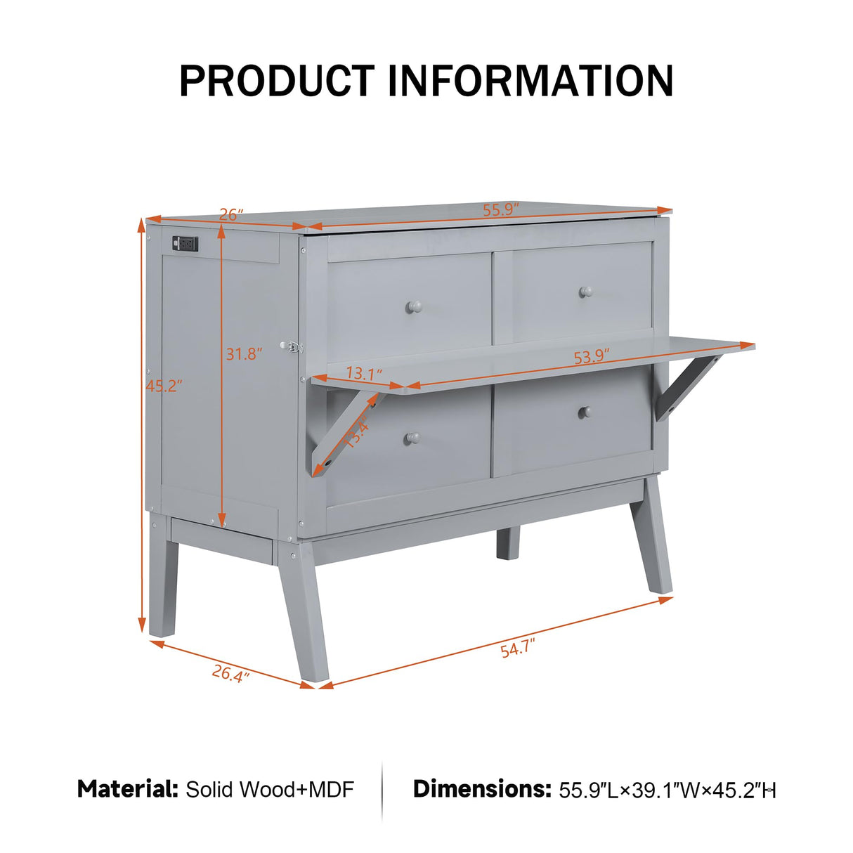 Merax Full Size Murphy Bed with USB Port and Removable Shelves on Each Side, Grey Merax