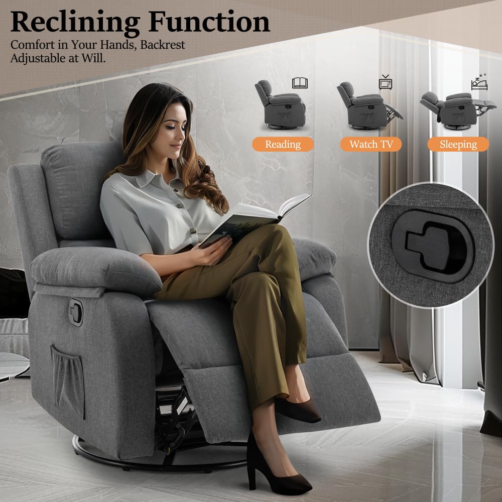 Korser Recliner Chair, 360 Swivel Rocker Chair for Adults, Small Rocking Recliner Chair for Small Spaces, Upholstered Fabric Glider Recliner Nursery Chair with Side Pockets for Living Room, Nursery Korser