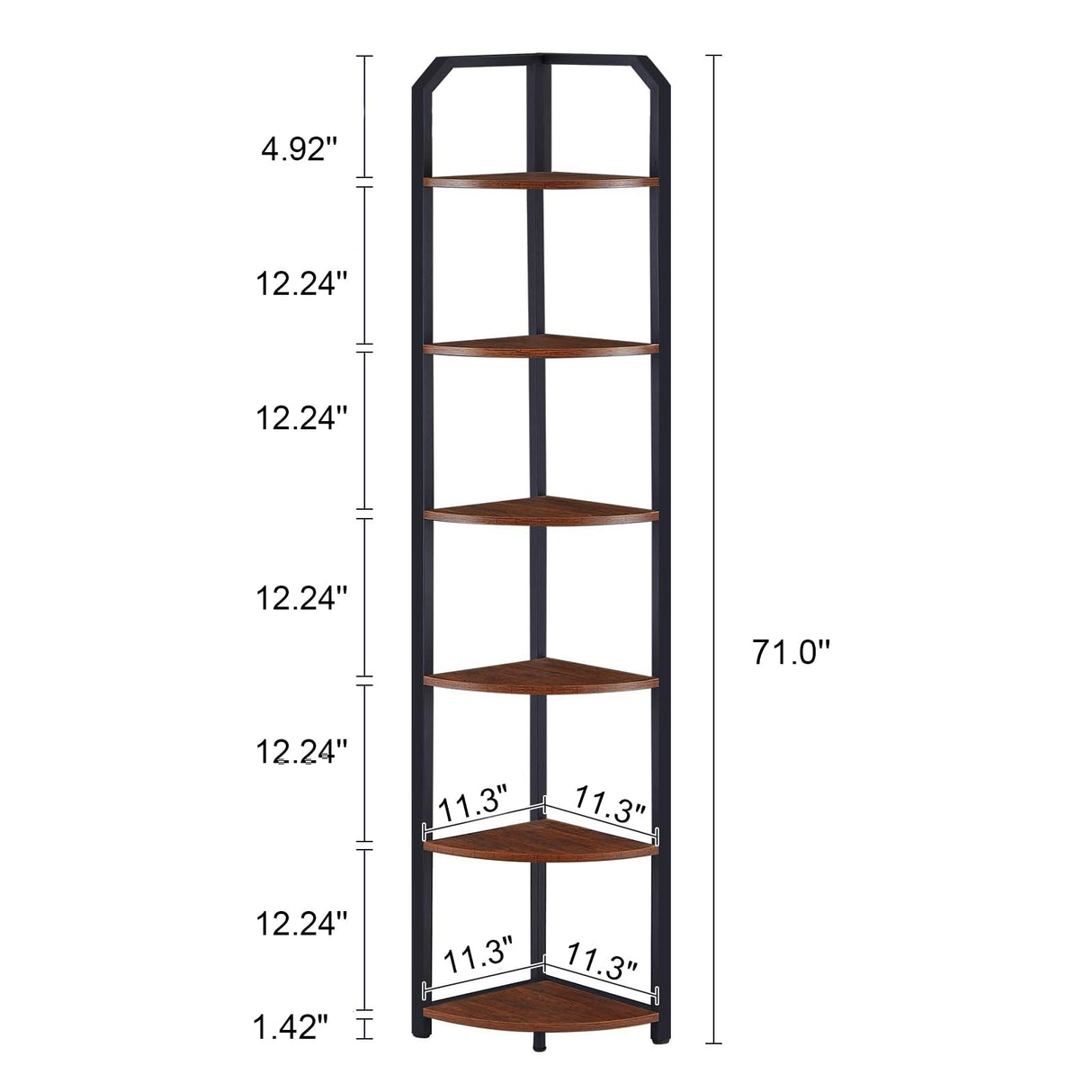 MNEETRUNG 71" Corner Shelf,6 Tier Industrial Corner Bookshelf, Freestanding Shelf Stand for Small Space,Home Office,Living Room,Bedroom,Brown MNEETRUNG