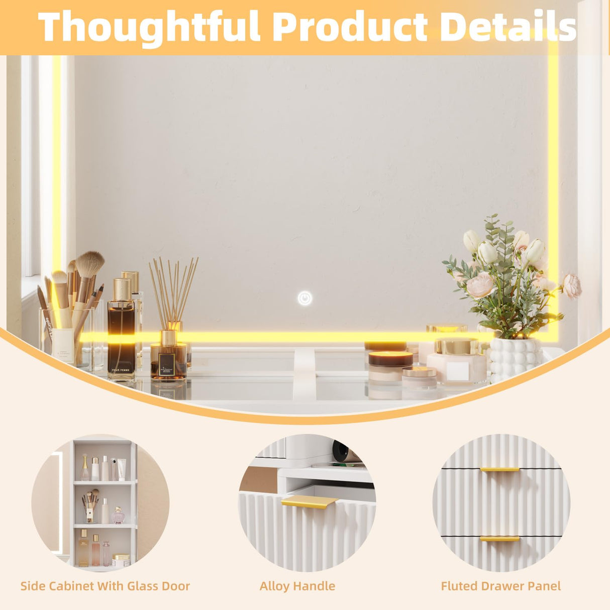 EROMMY 48" Fluted Makeup Vanity Desk with 36" Large Mirror and Lights, Big Vanity Table with 5 Drawers, 3 Storage Shelves and Charging Station, Modern Glass Top Dressing Table Set for Bedroom EROMMY