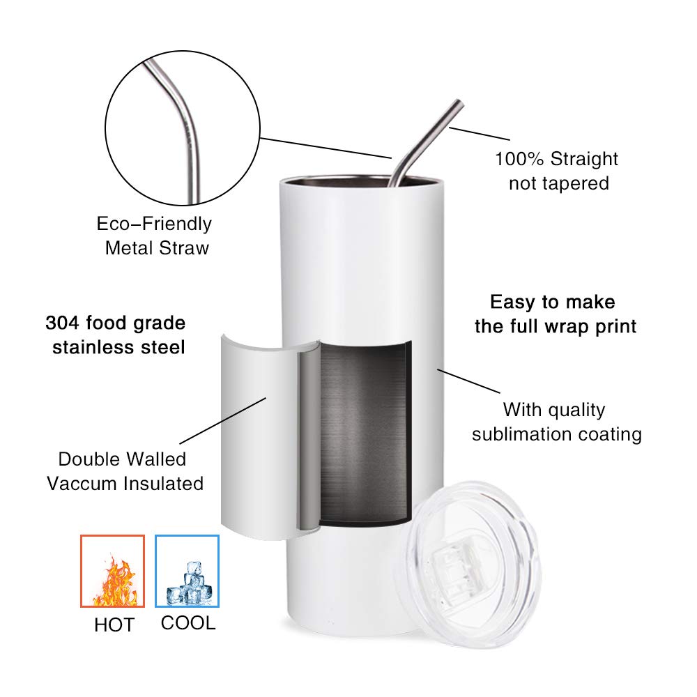 PYD Life 10 Pack Sublimation Tumblers Bulk Blank 20 OZ Skinny White Stainless Steel Tumbler Cups with Straw and Lid for Mug Tumbler Heat Press Sublimation Oven Printing PYD Life