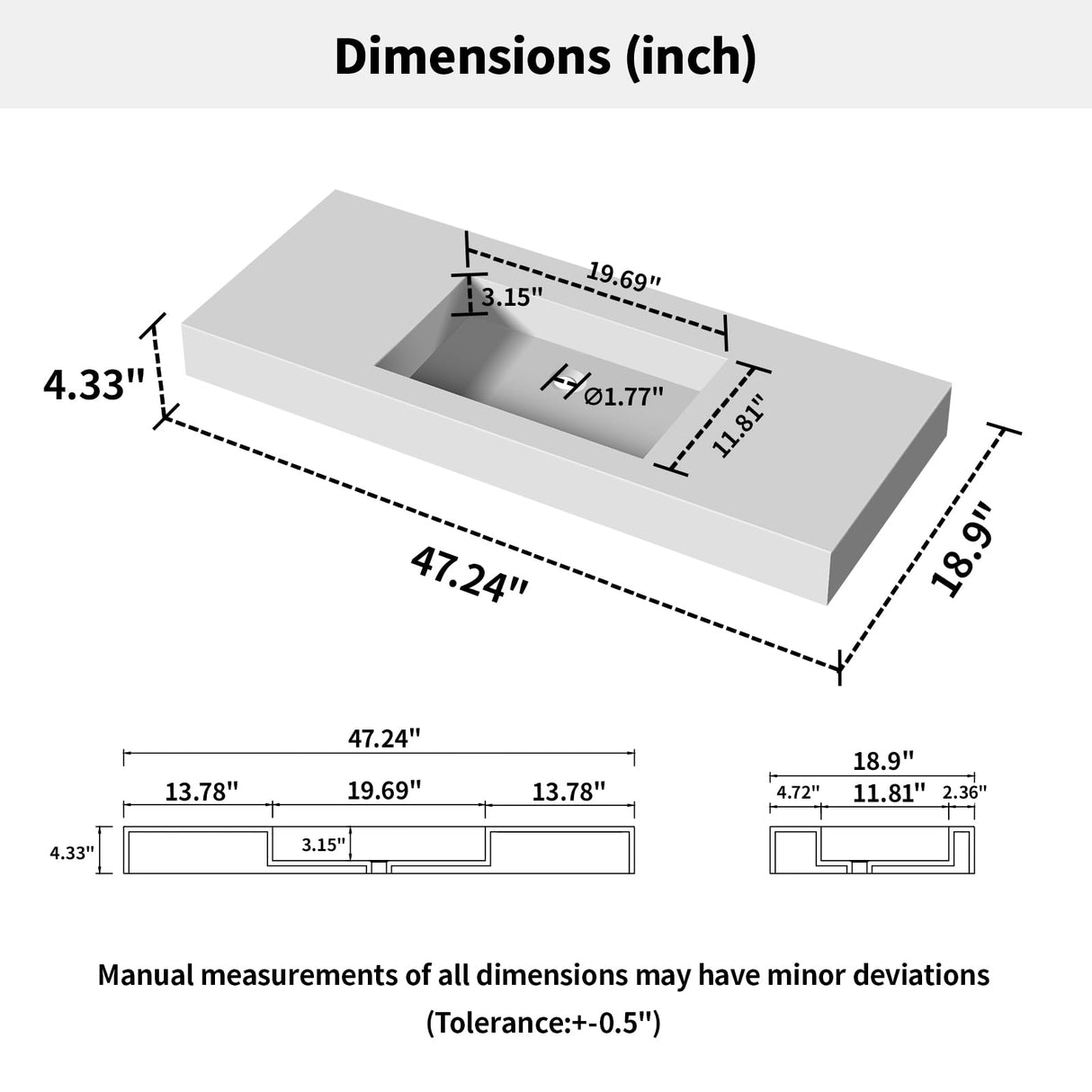 MEDUNJESS 47"X19" Stone Resin Wall Mounted Floating Sink, Bathroom Vanity with Sink,Solid Surface Bathroom Pedestal Sink Basin with No Faucet Hole and Pop-up Drain, Matte White MEDUNJESS