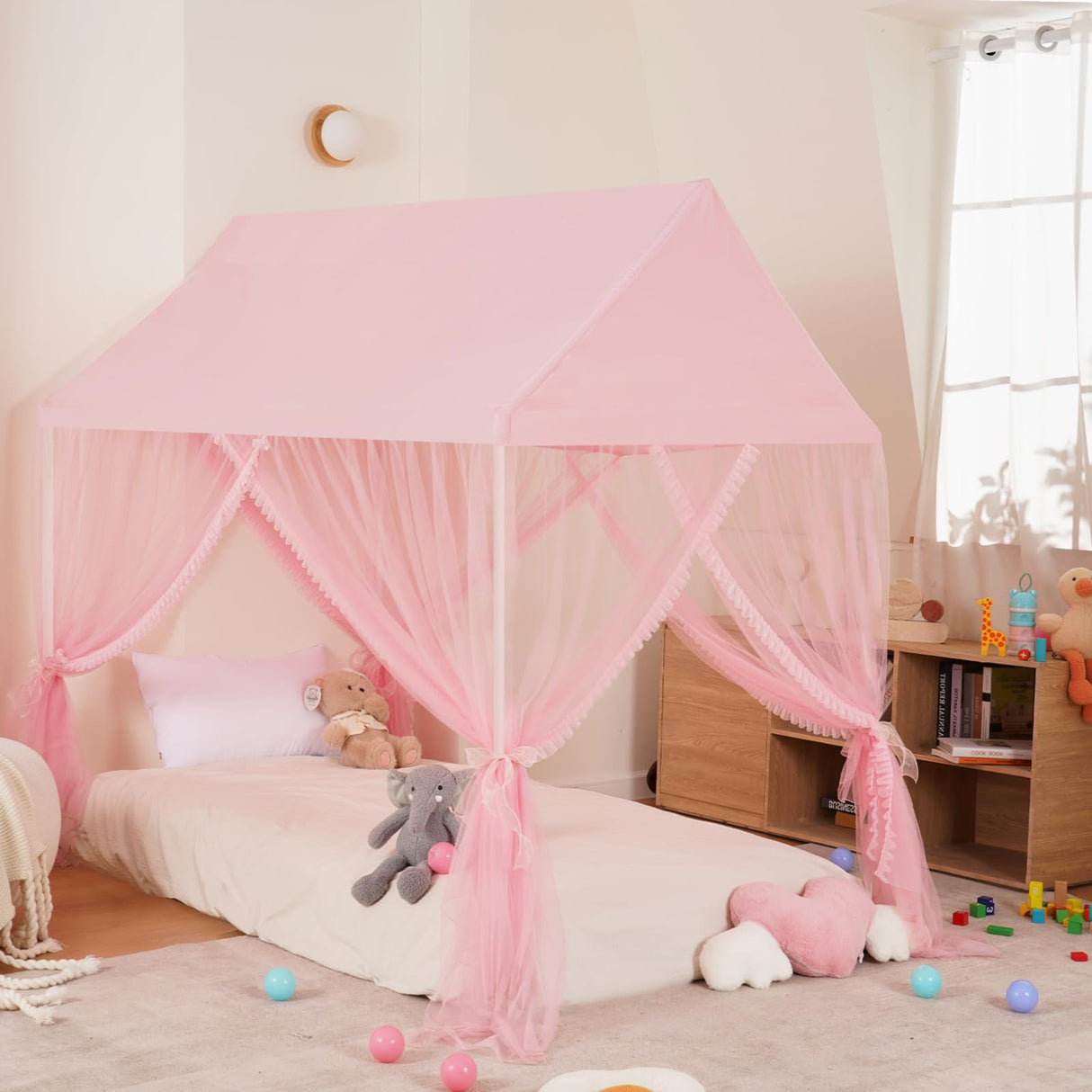 ZRVTM Princess Bed Canopy for Girls - Pink Canopy Princess Castle Dreamy Playhouse Mosquito Net Reading Nook Canopies Play Tent Canopy Bed Curtains for Kids(Twin,Pink), Frame Not Included ZRVTM