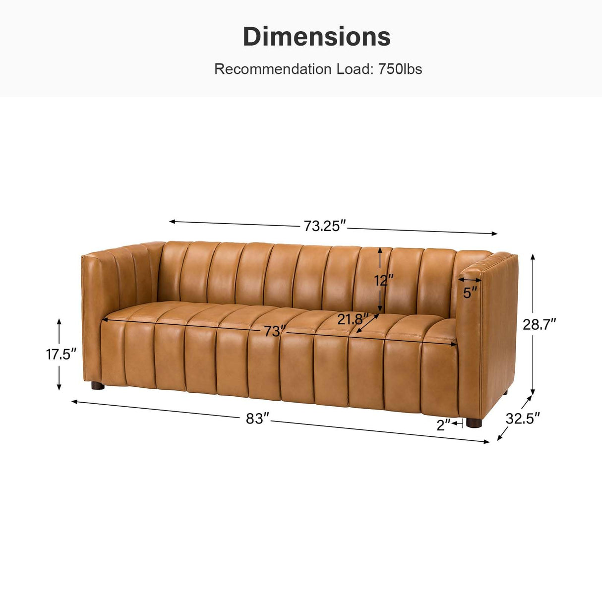 HULALA HOME 83" Genuine Leather Sofa, Sofa Leather for Living Room, 3 Seater Sofa Couch Top Layer Leather Large Sofa Furniture with Channel Tufted Seat Back & Square Arms (Camel) HULALA HOME