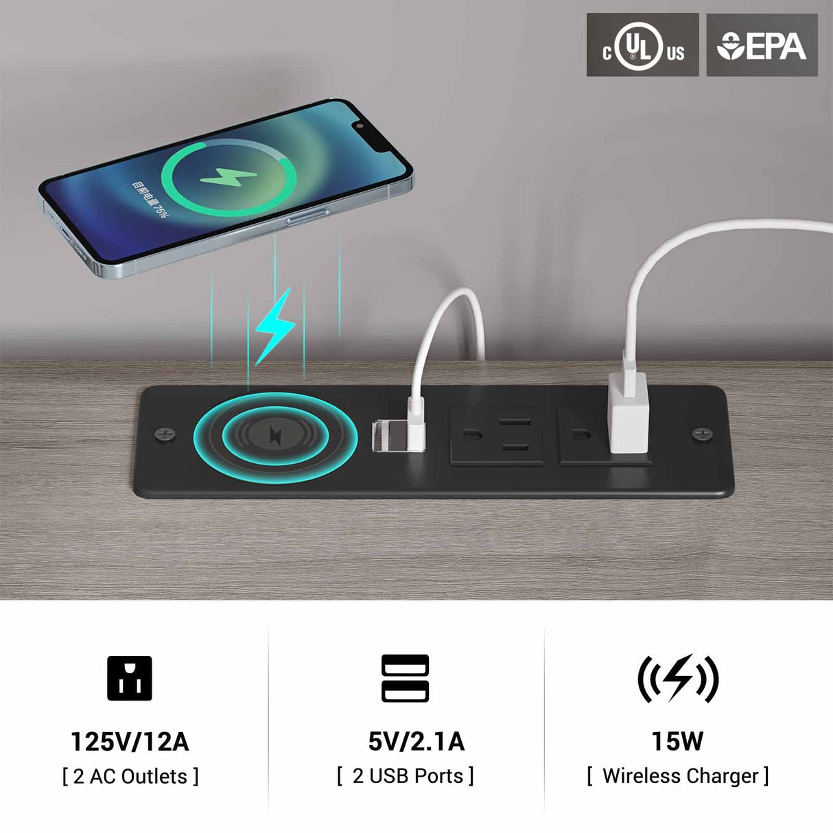 ADORNEVE Nightstand with Wireless Charging Station and LED Lights, Grey Night Stand with 2 Drawers and Open Storage for Bedroom, Bedside Table with Pull-Out Shelf, Modern End Side Table ADORNEVE