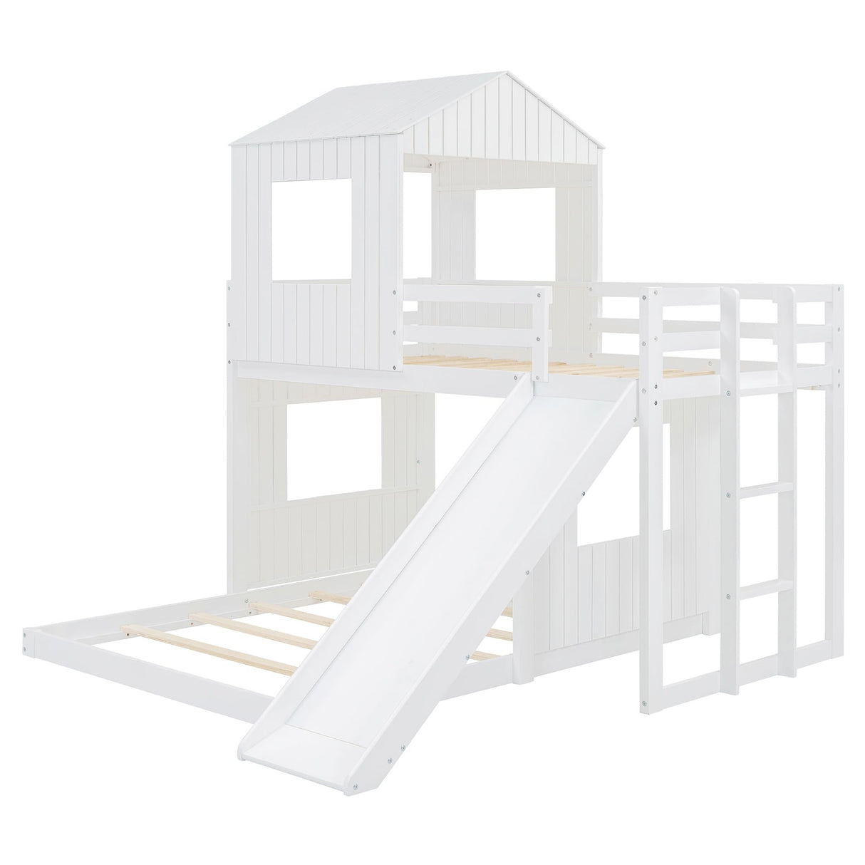 Harper & Bright Designs House Bunk Bed with Slide,Wood Twin Over Full Bunk Bed with Roof,Ladder & Safety Guardrail,Floor Bunk Loft Bed for Kids,Teens,No Box Spring Needed, White Harper & Bright Designs