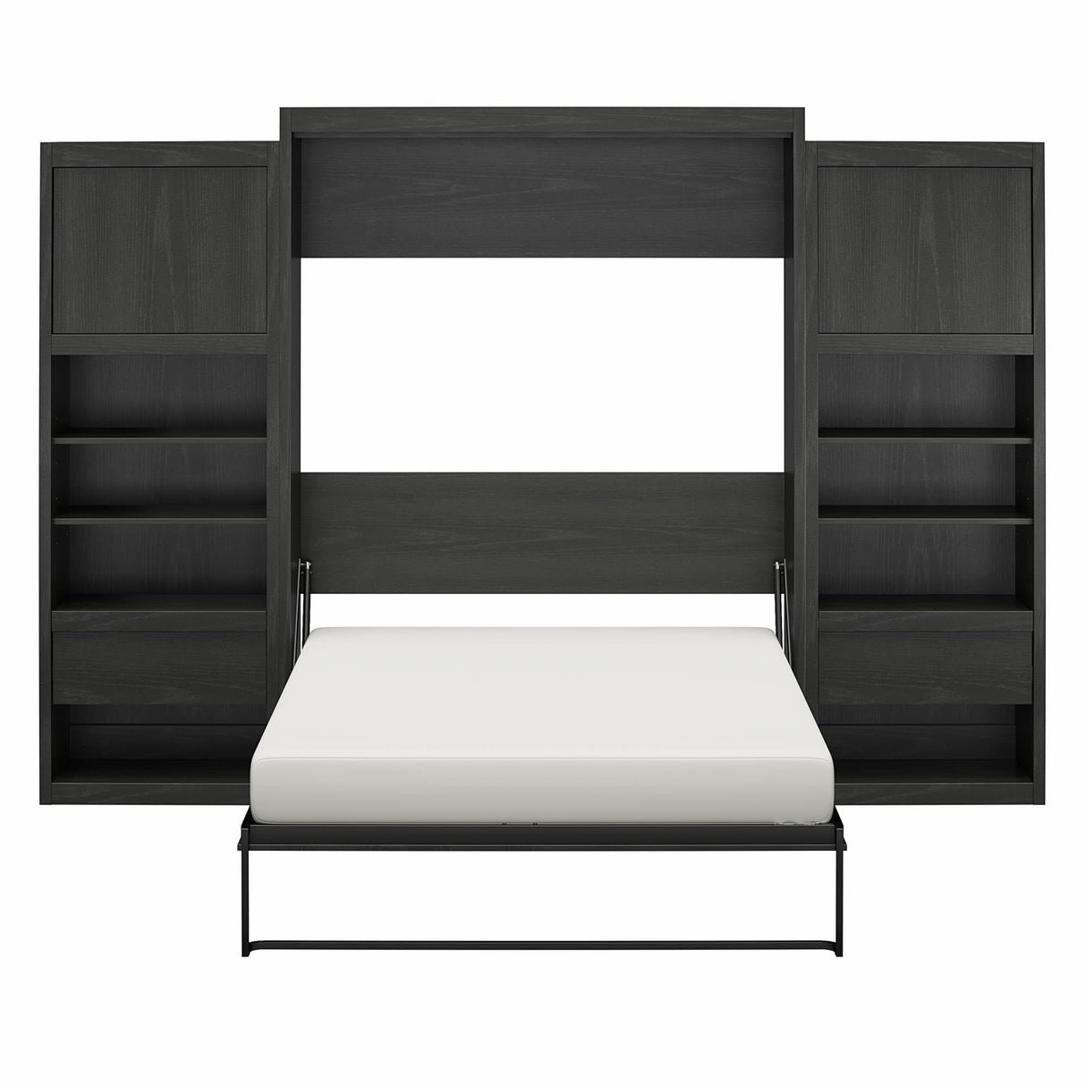 REALROOMS Halstead Queen Size Murphy Bed with 2 Nightstand Cabinets, Space-Saving Fold-Out Wall Bed with Open Shelving and Concealed Storage for Bedroom or Guest Room, Black Oak REALROOMS