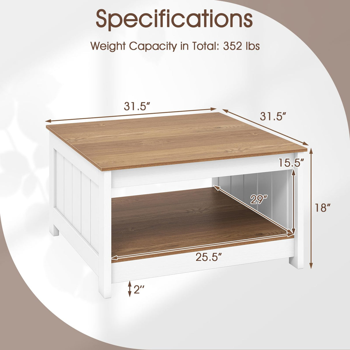 Giantex Farmhouse Coffee Table, 2-Tier Square Center Table for Living Room with Fence Design & Open Storage Shelf, Wood Living Room Tables for Small Spaces, Apartment, Natural & White Giantex