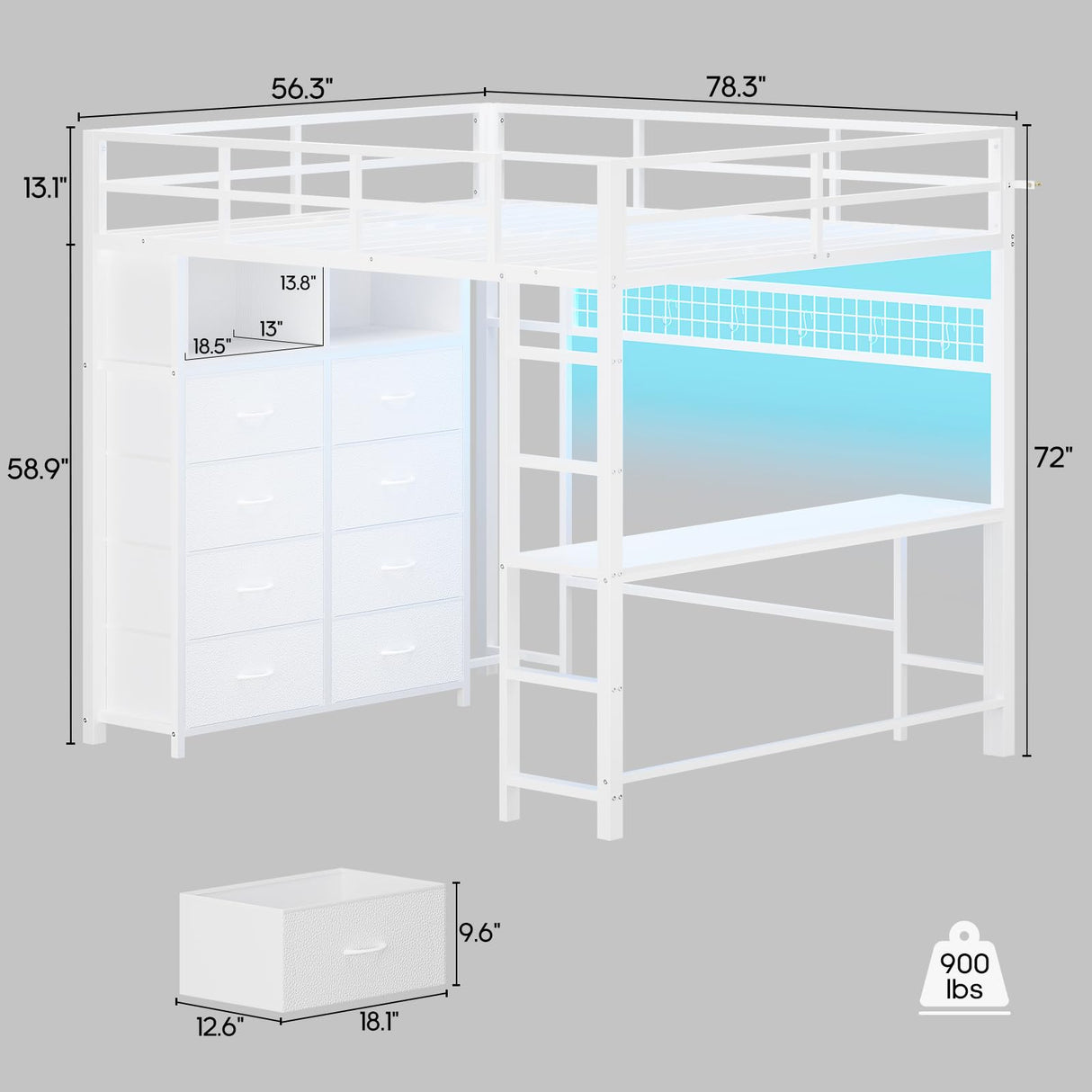 ADORNEVE Loft Bed Full Size with Desk and 8 Storage Drawers, LED Metal Loft Bed with Power Outlet, 2 Shelves & Clothing Rack, Bed with Safety Guardrail & Ladder,Space-Saving, White ADORNEVE