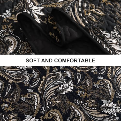 WONGS BEDDING Boho Quilt Set King,Black Paisley Floral Pattern Bedspread Coverlet Set with 2 Pillowcases,3 Piece Lightweight Microfiber Bohemian Quilt Bedding Set 104"×90" WONGS BEDDING