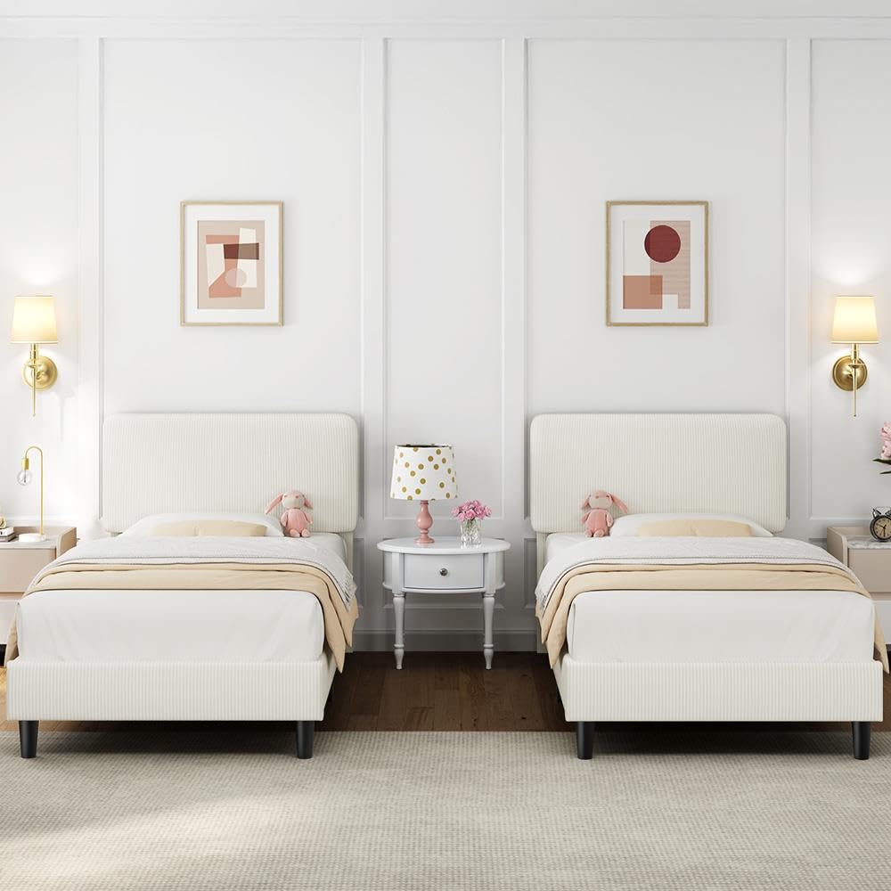 Yaheetech Twin Bed Frames with Adjustable Headboard, Chenille Fabric Upholstered Headboard/Platform Bed, Twin Size Bed Frame No Box Spring Needed/Mattress Foundation/Wood Slats Support/Easy Assembly Yaheetech