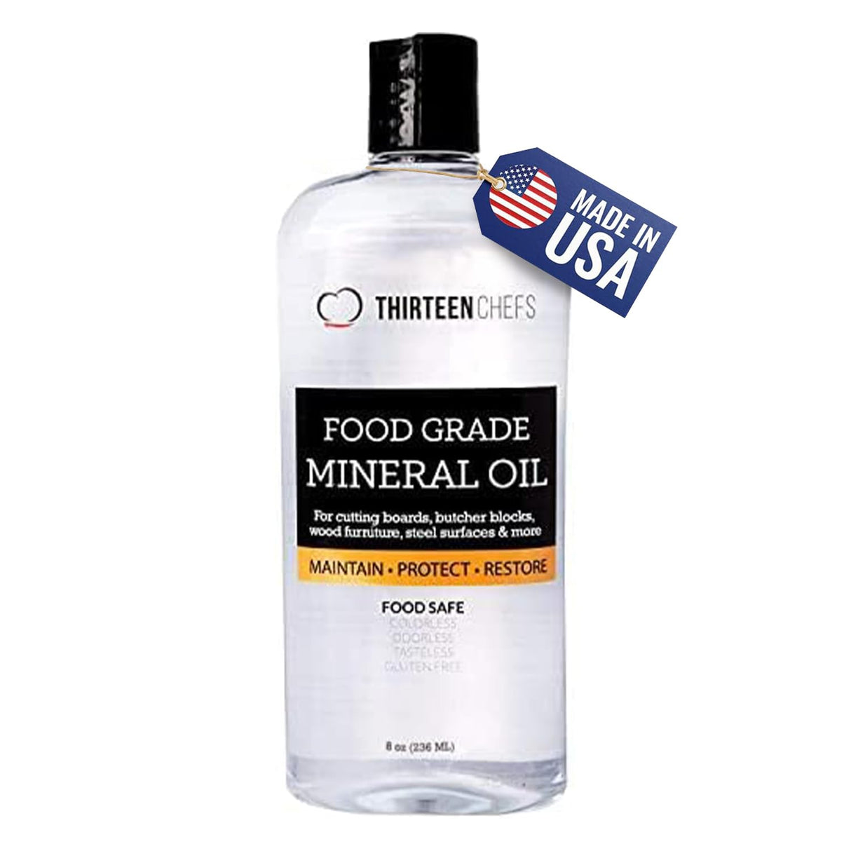 Thirteen Chefs Mineral Oil - 8 oz Food Grade Conditioner for Wood Cutting Board, Countertop & Butcher Block, Lubricant for Knife or Meat Grinder - Safe USP Finish on Marble, Soapstone Thirteen Chefs