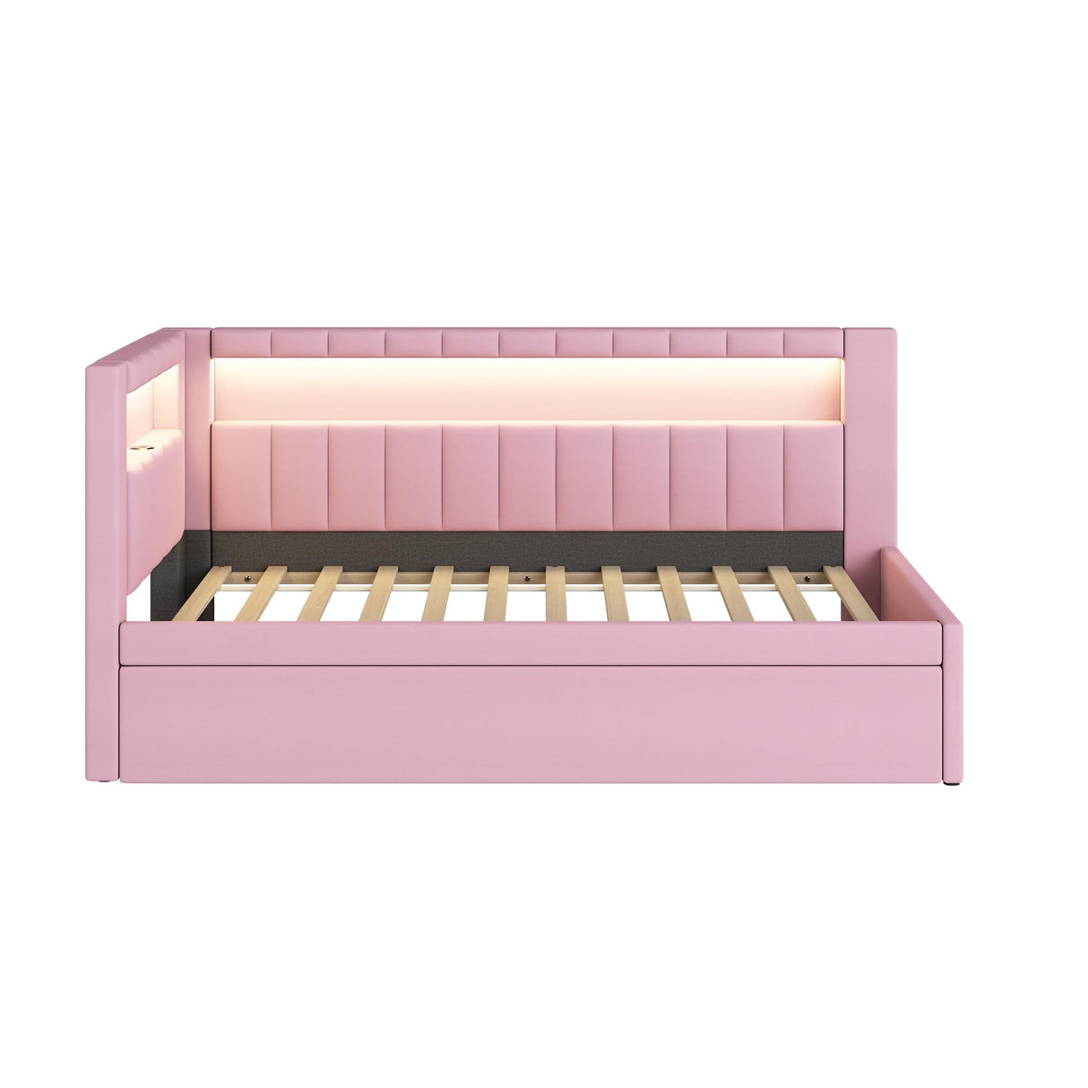 KALALLA Upholstered Twin Size Daybed with Trundle, Day Bed Frame with Storage L-Shaped Headboard USB Ports and LED Belt, No Box Spring Needed for Kids, Girls, Adults - Pink KALALLA