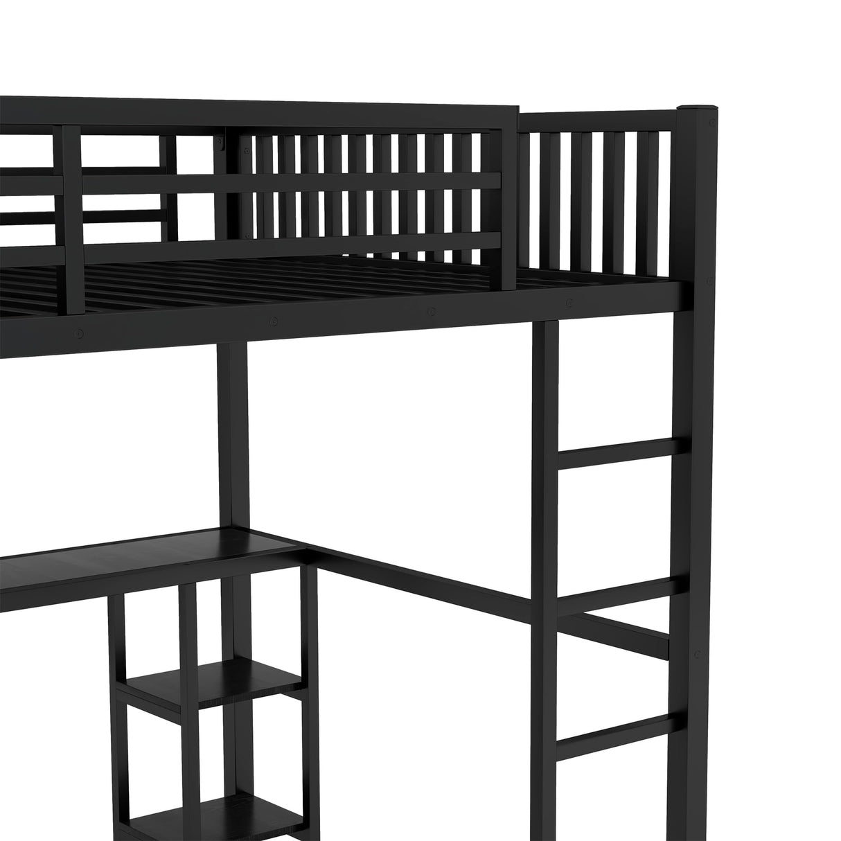 HZSMHDZKJ Queen Size Modern Loft Bed with Desk, Storage Shelves and Wardrobe, Metal Loft Bed Frame with Ladder and Full-Length Guardrail for Kids Teens Adults, No Box Spring Needed (Black-03, Queen) HZSMHDZKJ
