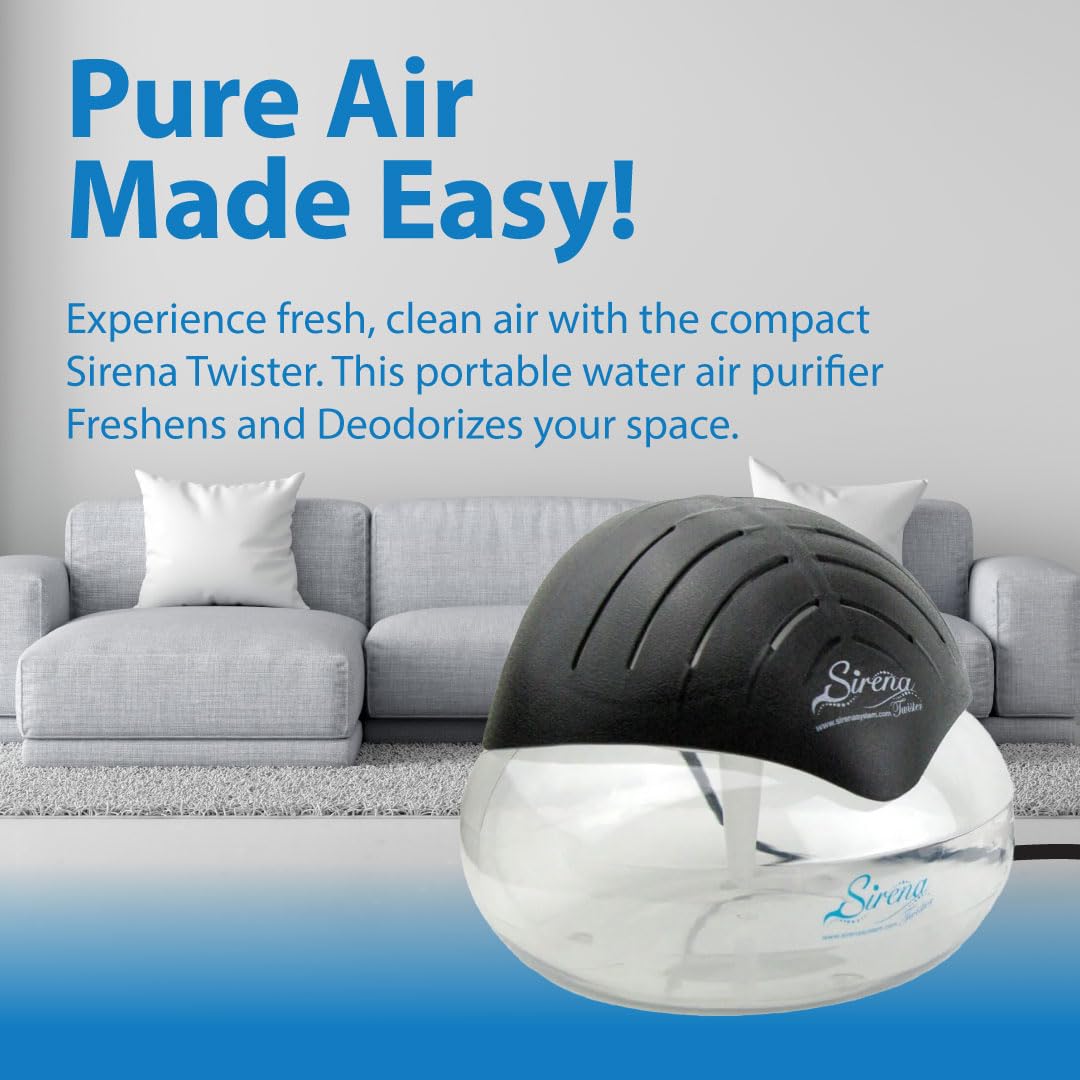 Sirena Twister Air Purifier (Black) - Water Filter Air Washer For Home and Office - Essential Oil Aroma Diffuser With LED Night light - Small Air Cleaner For Smoke and Pets Sirena