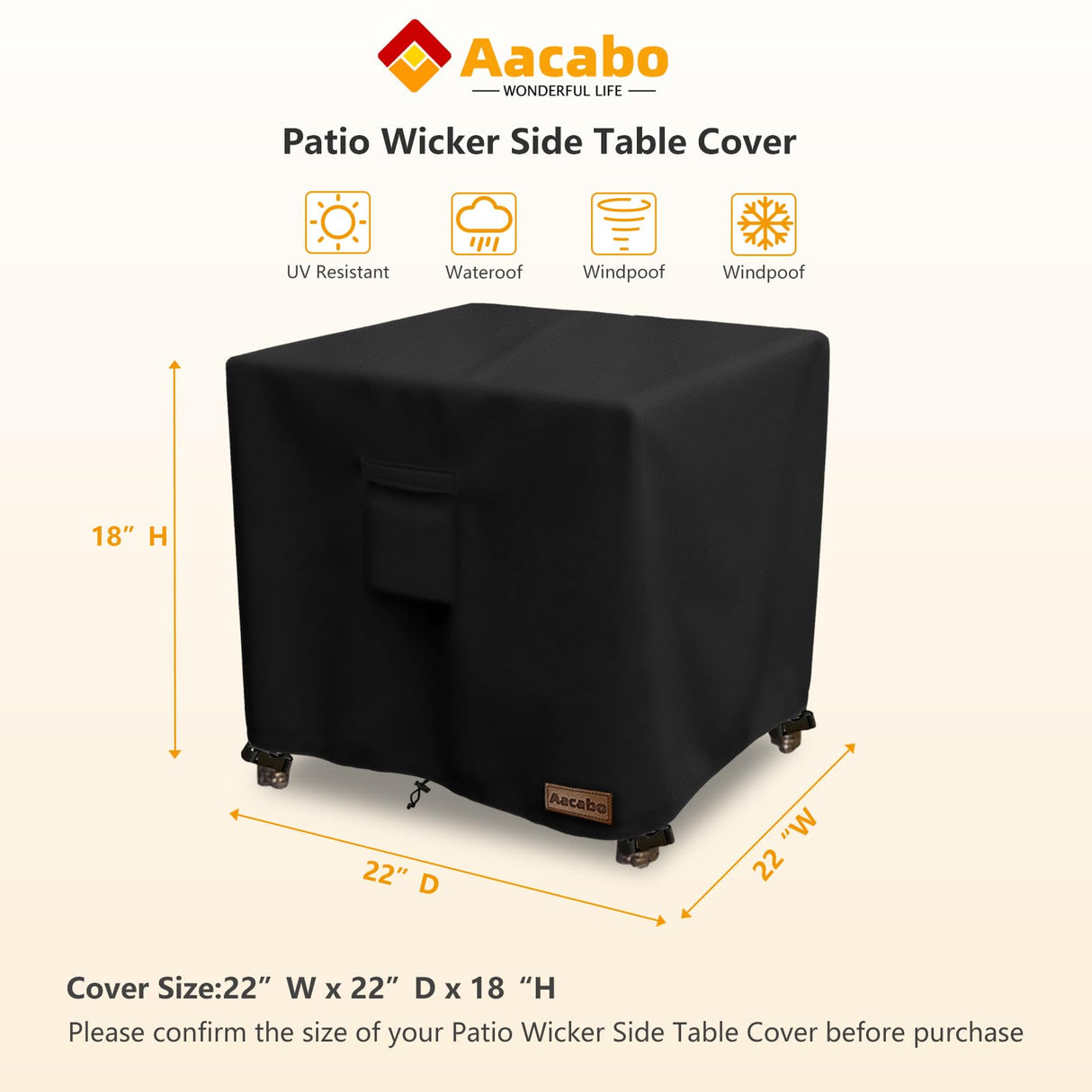 Aacabo Patio Wicker Side Table Cover,22W x 22D x 18H inch,Waterproof Square Patio Small Side Table Cover,Suitable for 3-Piece Outdoor Wicker Patio Bistro Set Side Table Aacabo