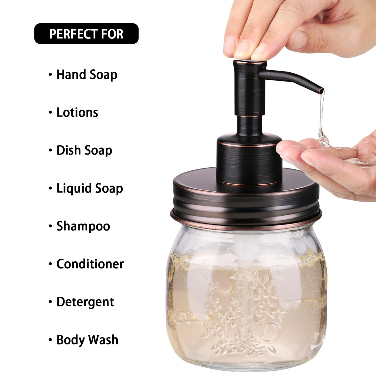 Amolliar 10 OZ Mason Jar Liquid Soap Dispenser, Stainless Steel Pump & Lid, Cute Farmhouse Decor for Kitchen, Bathroom, Refillable Hand Soap Dispenser, Lotion Soap Dispenser, Dish Soap, ORB 1 Pack Amolliar