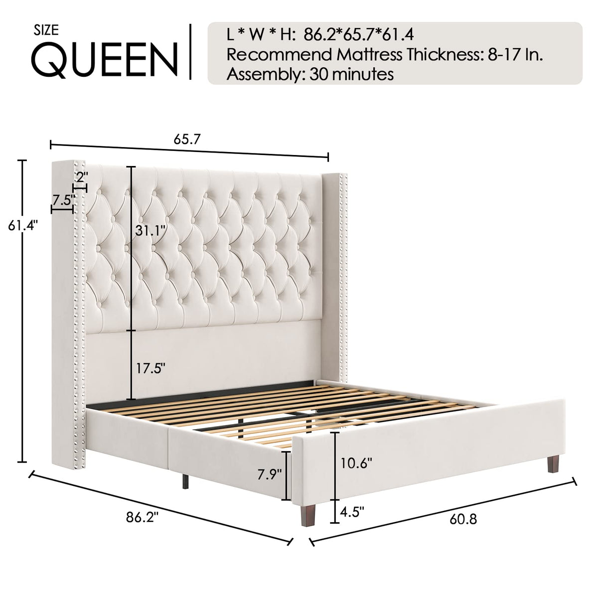 PaPaJet Queen Bed Frame 61.4" Tall Headboard Upholstered Velvet Platform Bed with Handmade Deep Button Tufted/No Box Spring Required/Cream PaPaJet