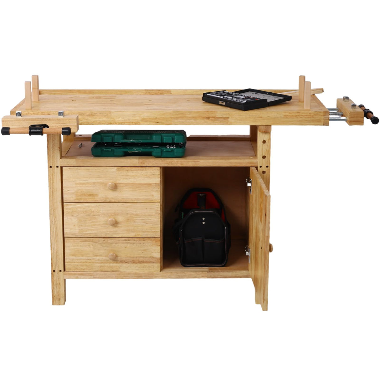 Donext 50" Wooden Workbench - with 3 Drawers 1 Cabinet Door and Shelf Integrated Vises and Bench Dog Holes Versatile for Garage, Woodworking Carpenter Workshop, and Home Use Donext