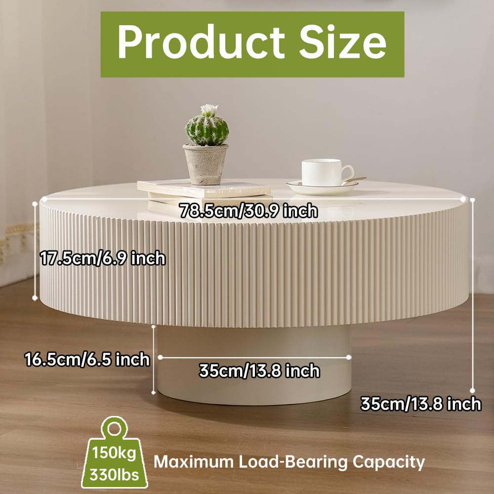 WUPDPQS Round Drum Coffee Table White Round Fluted Coffee Table Wood Circle Coffee Table Circular Pedestal Coffee Table Industrial Center Table for Farmhouse Living Room (White, 30.9 * 30.9 * 13.8") WUPDPQS