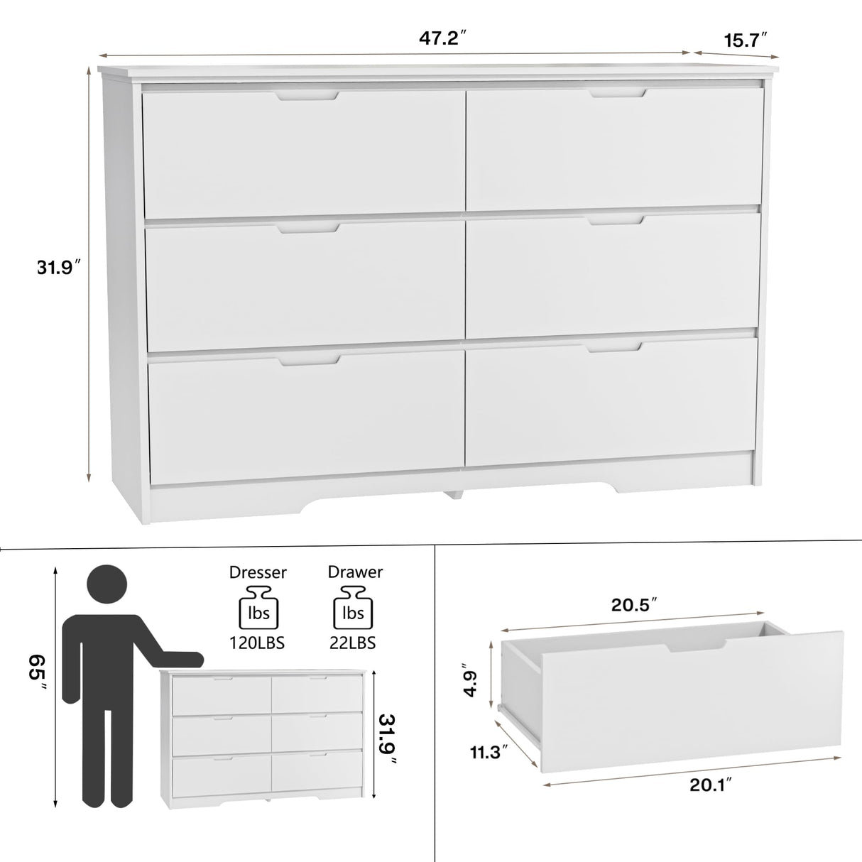 6 Drawers White Dresser for Bedroom, Wood Large Double Dresser with Hidden Handles, Modern Chests of Deep Drawer Storage Organizer for Hallway, Entryway Tradare