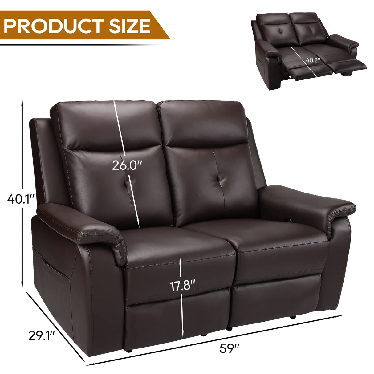 B BAIJIAWEI PU Leather Reclining Sofa - Manual Double Recliner Loveseat with Massage & Heating - 2-Seater Home Theater Seating for Living Room, Reading Room, Bedroom (Brown) B BAIJIAWEI