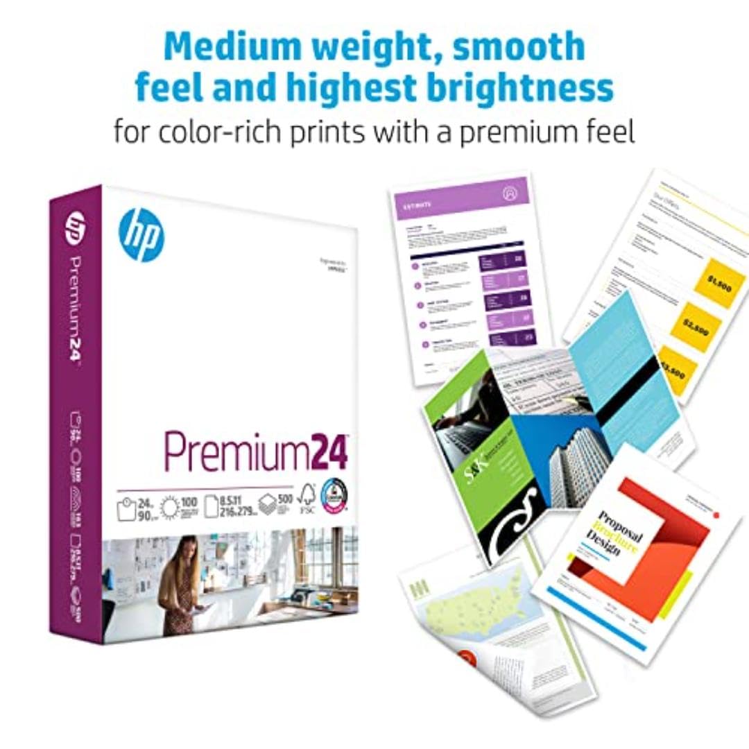 HP Printer Paper | 8.5 x 11 Paper | Premium 24 lb | 5 Ream Case - 2500 Sheets | 100 Bright | Made in USA - FSC Certified | 115300C HP Papers