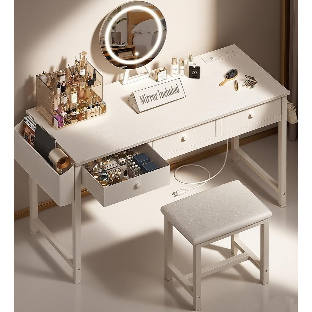 KAI-ROAD White Makeup Vanity Desk with Mirror and Lights Big Vanitys Set with Chair, Drawers and Power Outlet, Dressing Table Vanities for Girls Bedroom 47“ KAI-ROAD