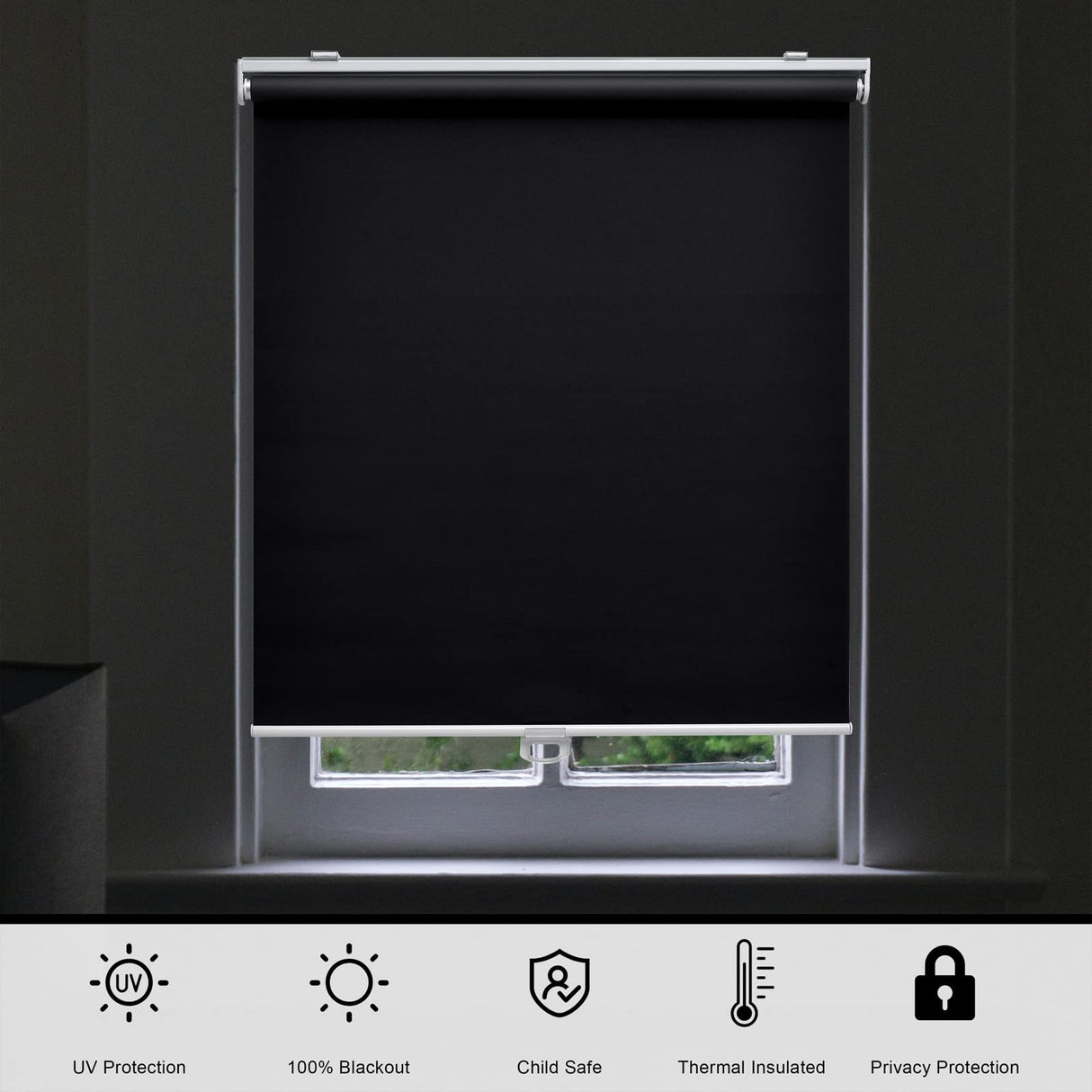 Sunoff Blackout Roller Shades Blinds Cordless for Windows Pull Down Room Darkening Door Blinds with Thermal Insulated Easy to Install for Living Room,Bedroom,Home,Office Bathroom Black 23" W x 72" H sunoff