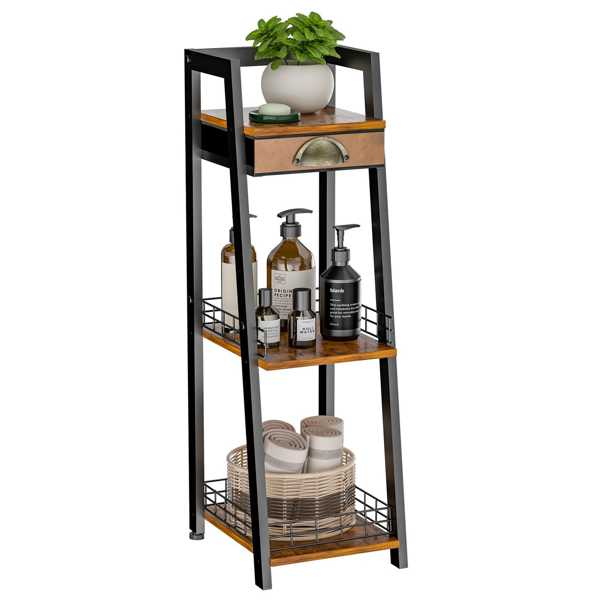 keomaisyto 3-Tier Narrow Bathroom Shelves with Drawer, Bathroom Organizers and Storage, Open Floor Ladder Shelf, Freestanding Tower Slim Standing Unit for Small Spaces - Rustic Brown keomaisyto