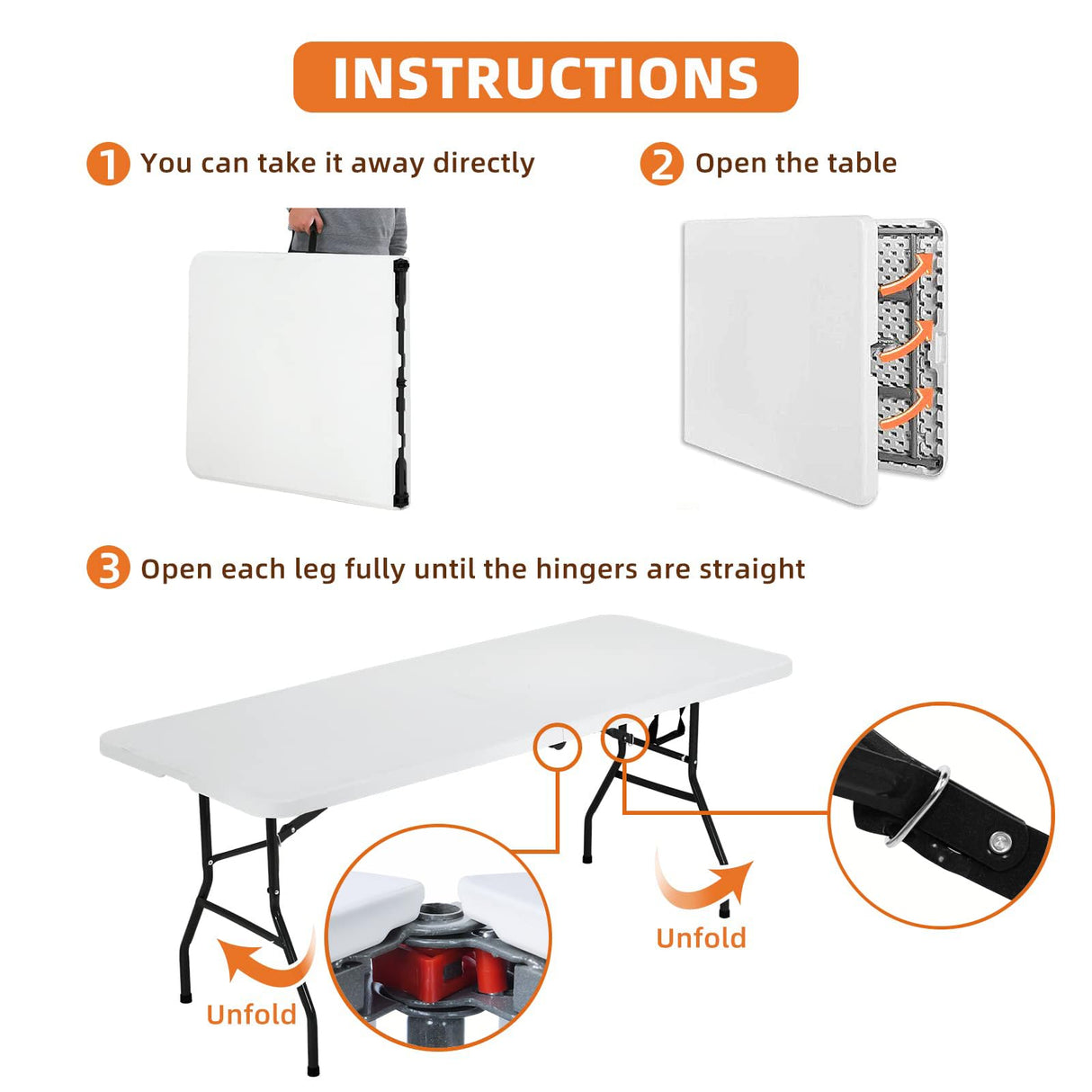 HKLGorg 6 Ft Heavy Duty Working Indoor Outdoor Plastic Folding Utility Party Dining Table Easy to Assemble with Lock Function White, 70.9 x 29.1 x 29.1 inches HKLGorg