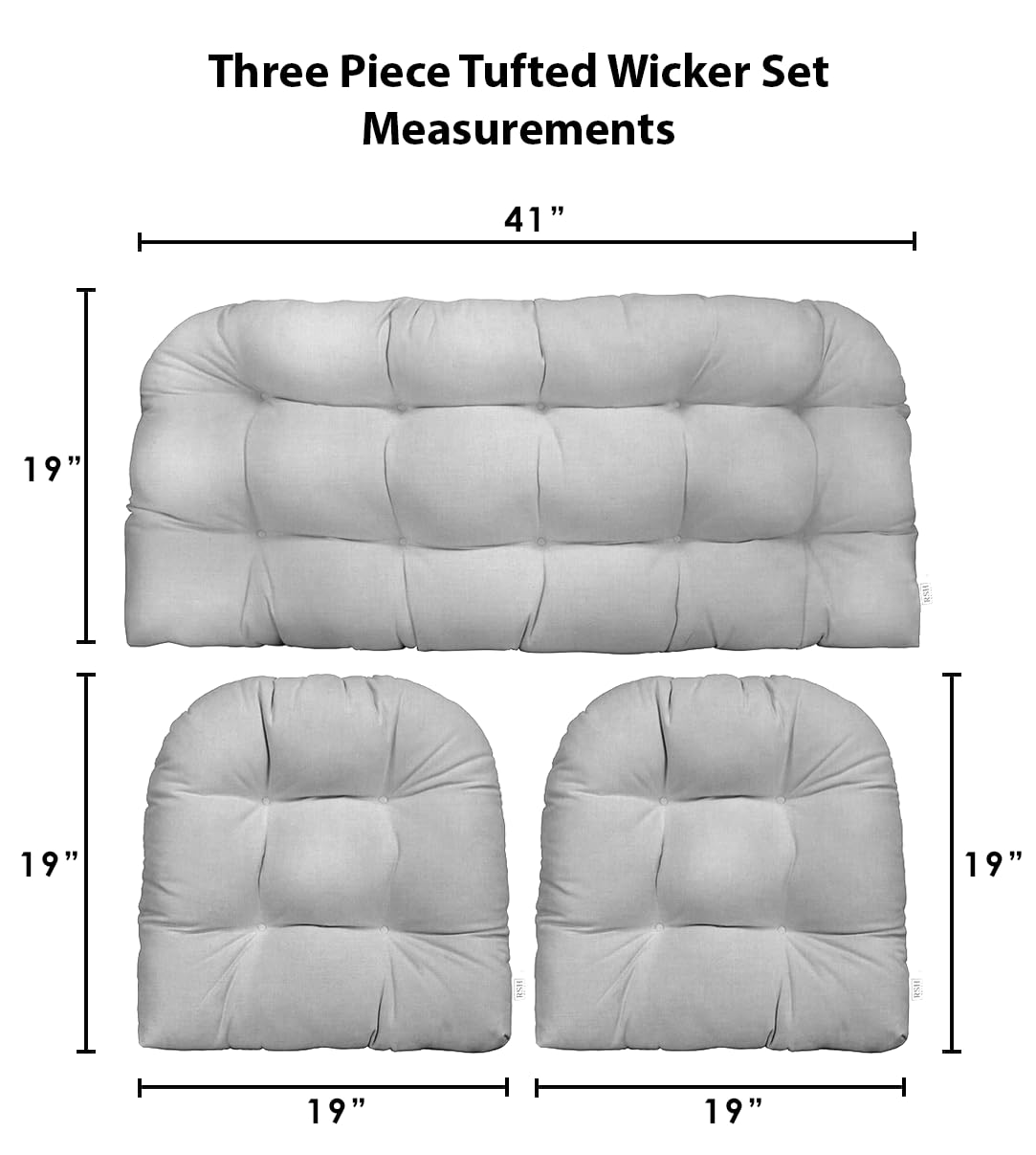 RSH DECOR: 3-Piece Wicker Tufted Cushion Set | 41” x 19" & 19" x 19" | All-Weather Spun Fabric | Water Resistant | Outdoor Loveseat & U-Shape Cushions for Patio Furniture | Gregoire Fresco RSH DECOR