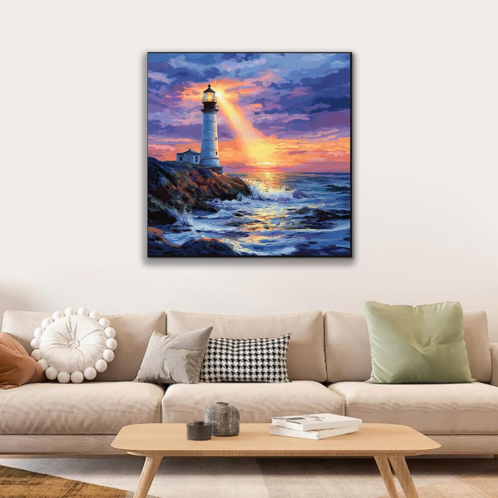 JUJUHOOD Sunset Lighthous Framed Paint by Numbers Kit for Adults Beginner & Kids Ages 8-12,Seaside Paint by Number Without Easel,Paint by Numbers for Gift Home Wall Decor (10x10Inch) JUJUHOOD