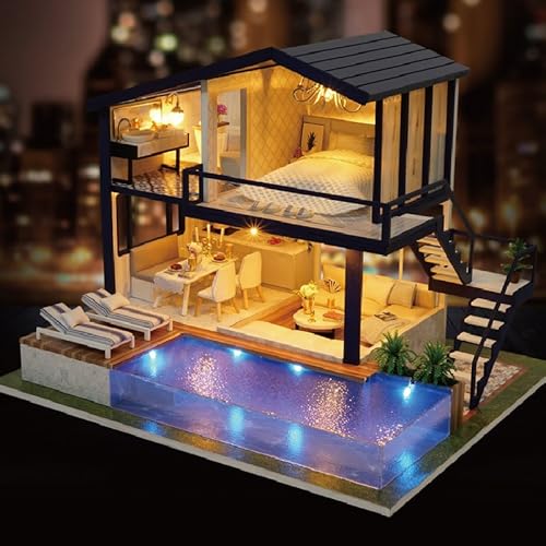 CUTEROOM Miniature House Kit, DIY Dollhouse Kit for Adults to Build, Mini House Making Kit with Furnitures, Time Apartment Dollhouse Kit with Swimming Pool Gifts for Women