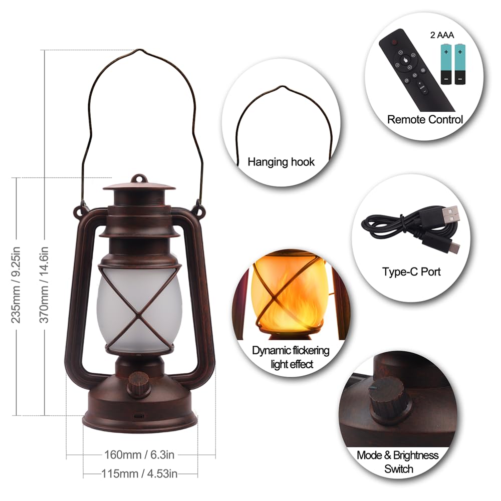 Lantern LED Battery Powered Camping Lamp Outdoor Hanging Lantern Flickering Flame Rechargeable Retro Lanterns Remote Control 4 Modes Light Non-Solar 2 Pack Marlrin