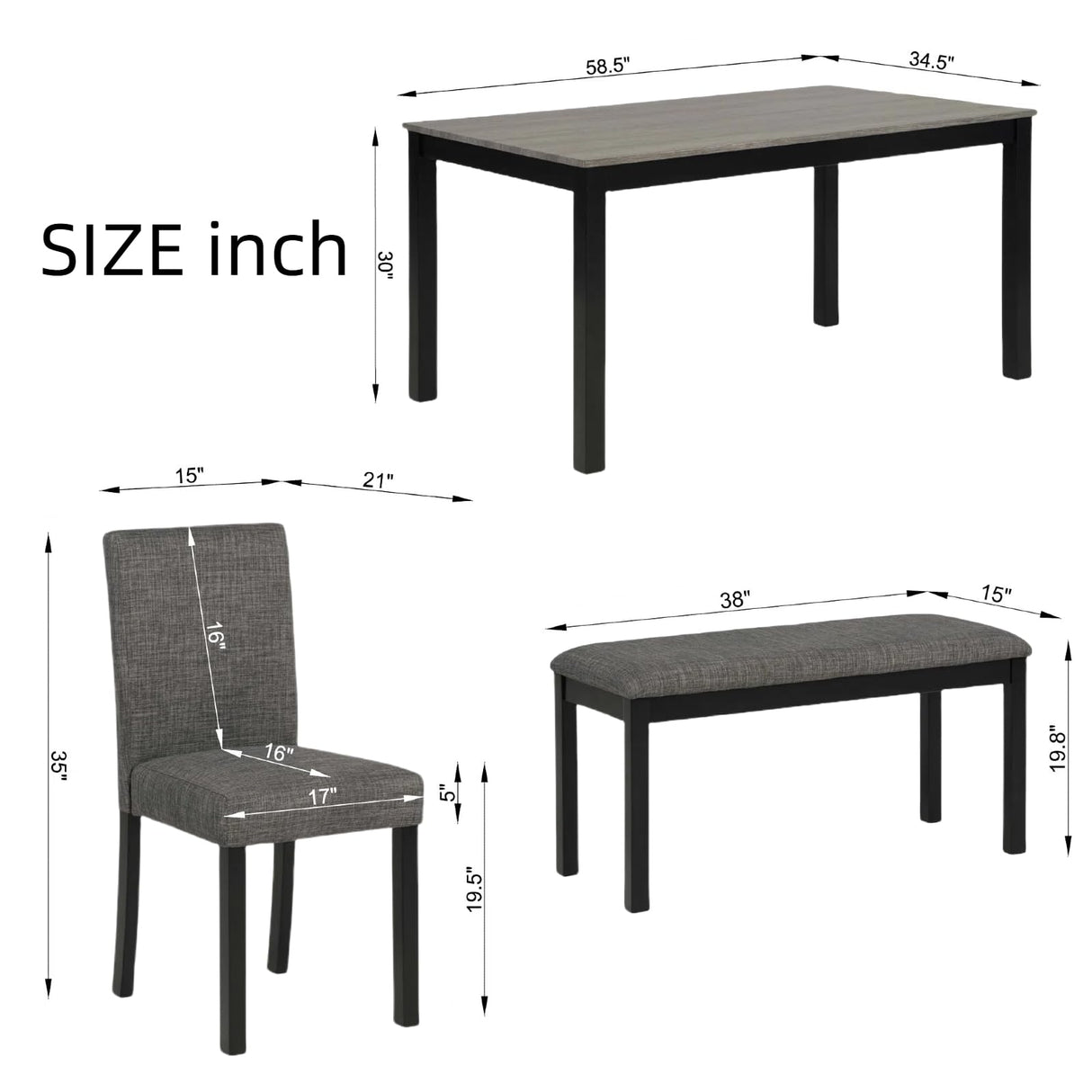 Trygoal Dining Table Set for 5, Modern 6 Piece Dining Room Table Set with Rectangular Table 4 Upholstered Backrest Chairs and a Bench, Counter Height Kitchen Sets with Wood Grain Surface, Black Trygoal