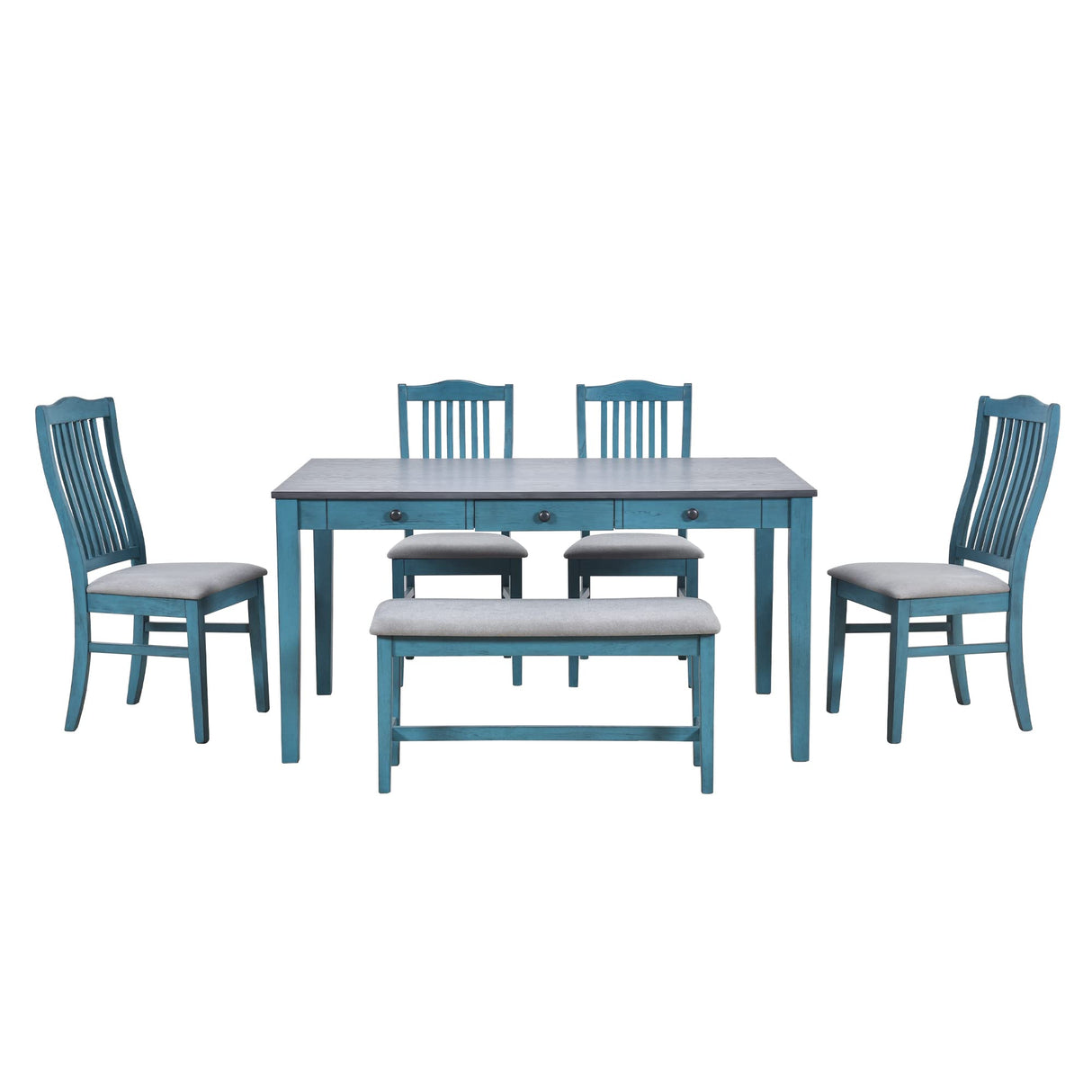 LUMISOL 6-Piece Wooden Dining Set, Farmhouse Kitchen Table Set with 4 Upholstered Chairs, Bench and Storage Drawers for Kitchen, Dining Room, Living Room, Antique Blue LUMISOL