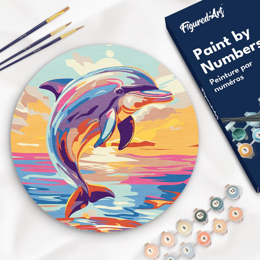 Figured'Art Paint by Numbers Kit for Adults on Wood Slice, 11.8in Diameter - Dolphin - Craft Art Painting DIY Canvas Figured'Art