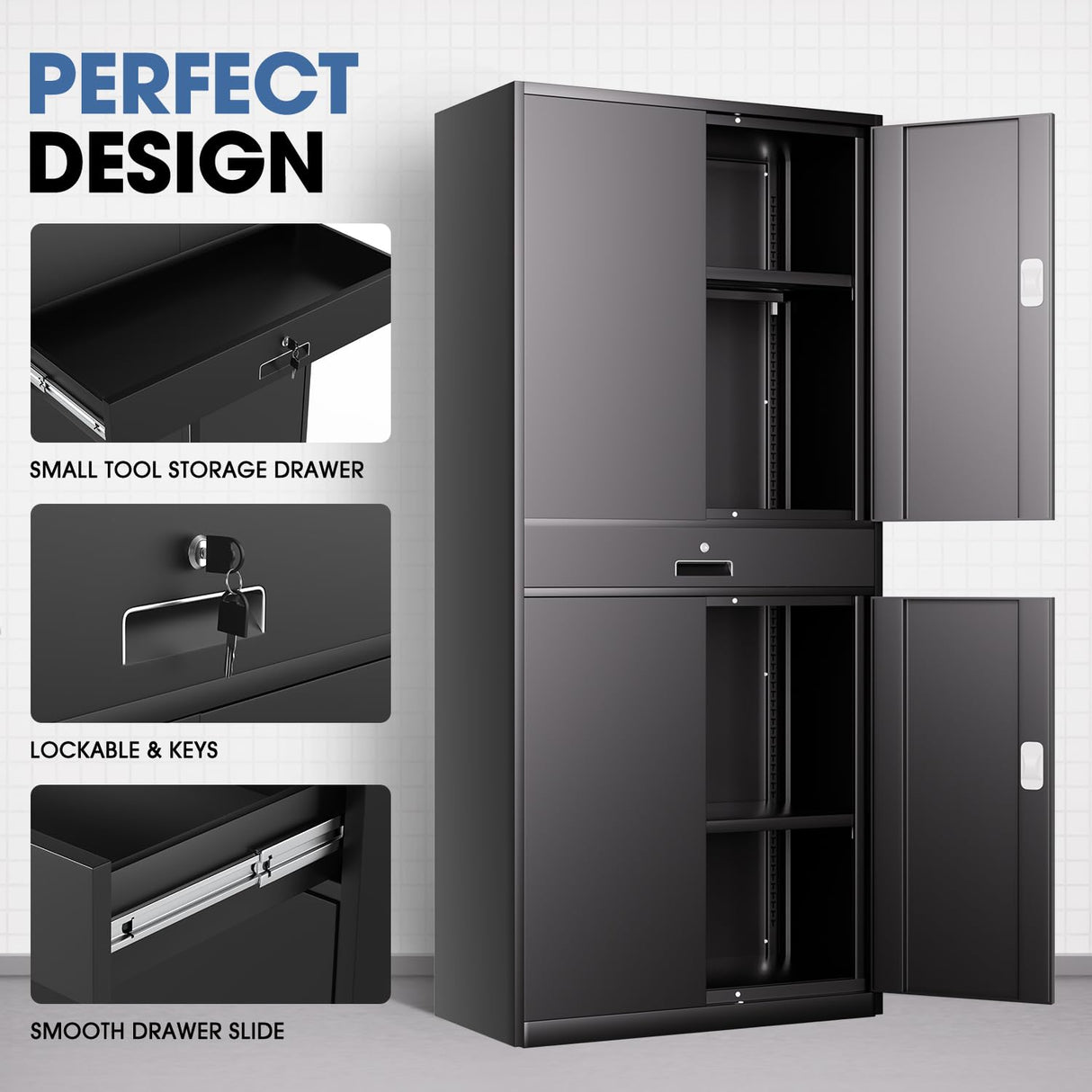 DNA MOTORING 71'' Metal Storage Cabinet, Locking Tool Cabinet with 1 Drawer and Adjustable Shelves, Lockable Heavy Duty Metal Locker for Garage,Office,Home,Gym, Black, TOOLS-00629-BK-BK-A DNA MOTORING
