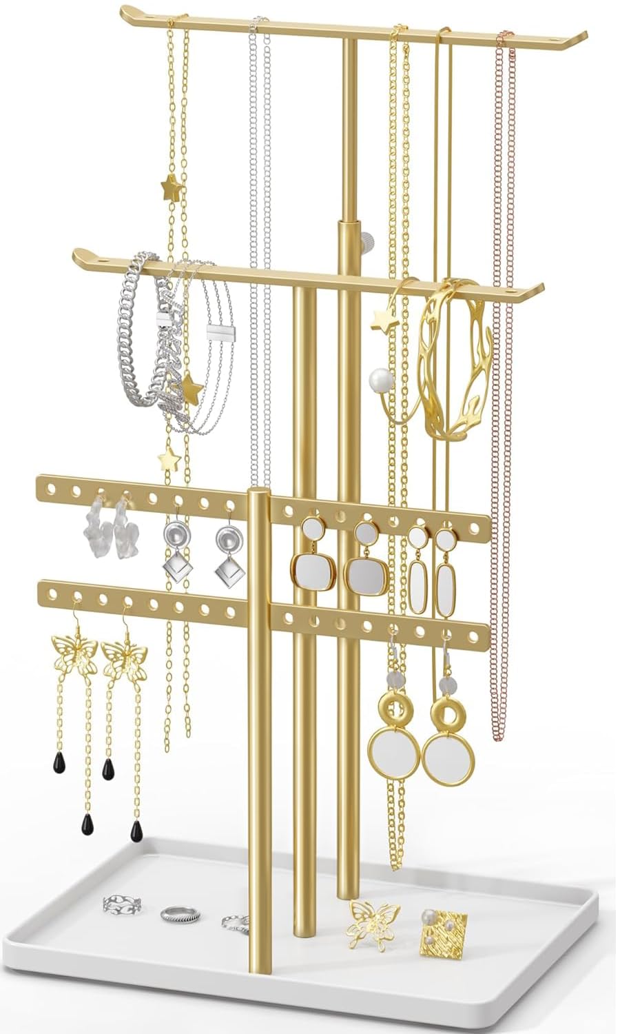 susswiff Jewelry Holder Organizer Stand - Adjustable Jewelry Tree 17.5" Height (Max), Jewlery Hanger for Necklaces, Bracelets, Earrings, Aesthetic for Storage and Display, Metal, Gold and White susswiff