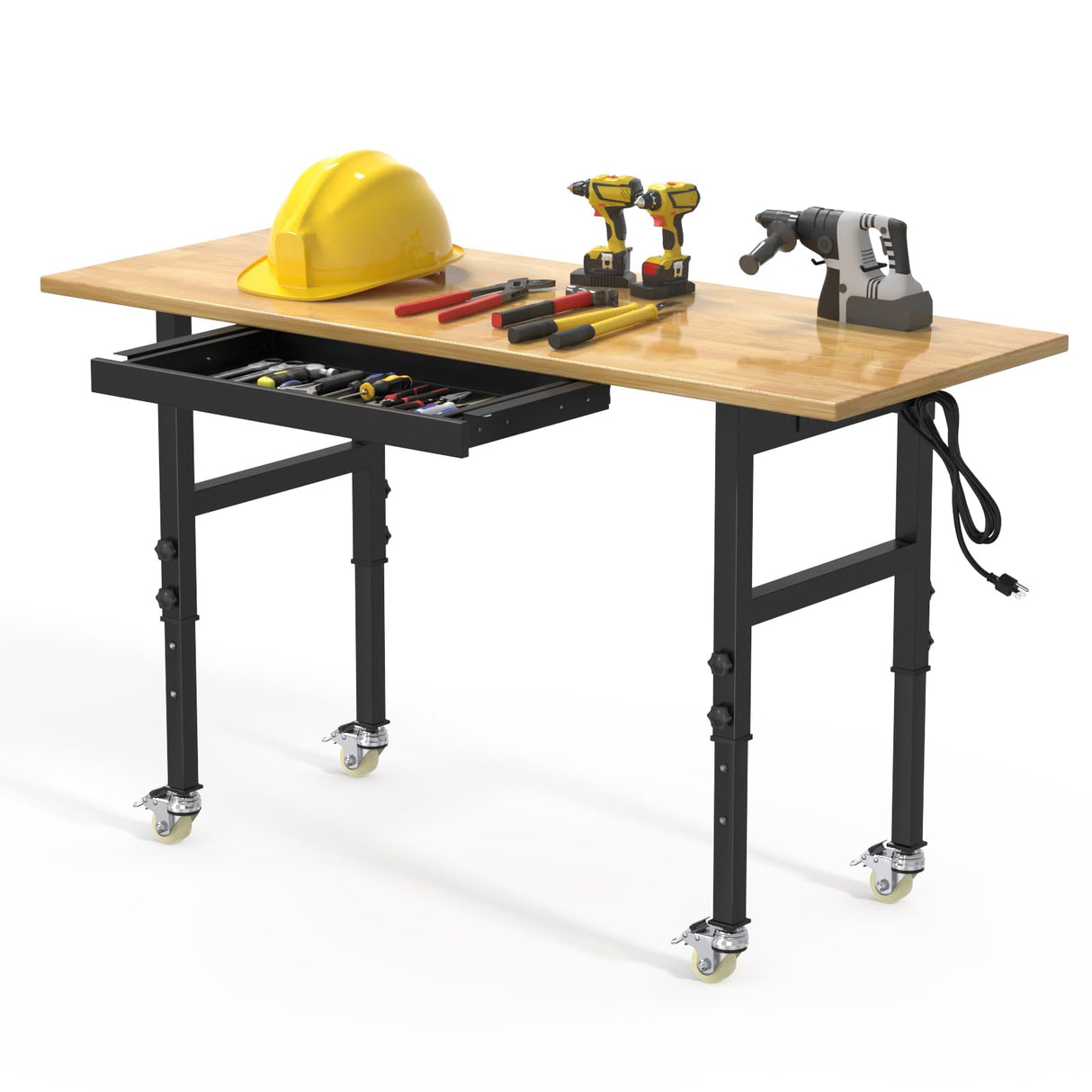 Pelnuies Workbench, 60" Adjustable Height Work Table with Power Outlet, Drawer and Wheels, 2000 LBS Load Capacity Hardwood Work Bench for Garage, Workshop, Home, Office (60" X 24") Pelnuies