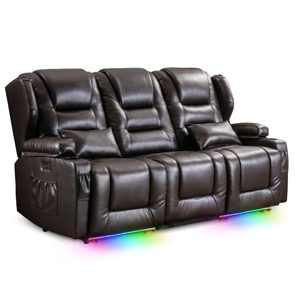 SAMERY Power Loveseat Recliner Sofa with Adjustable Split Back, Multi-Port Charger, Flip-Up Backrest & LED Lighting - Home Theater Seating with Storage, Cup Holders, Brown Faux Leather Loveseat SAMERY