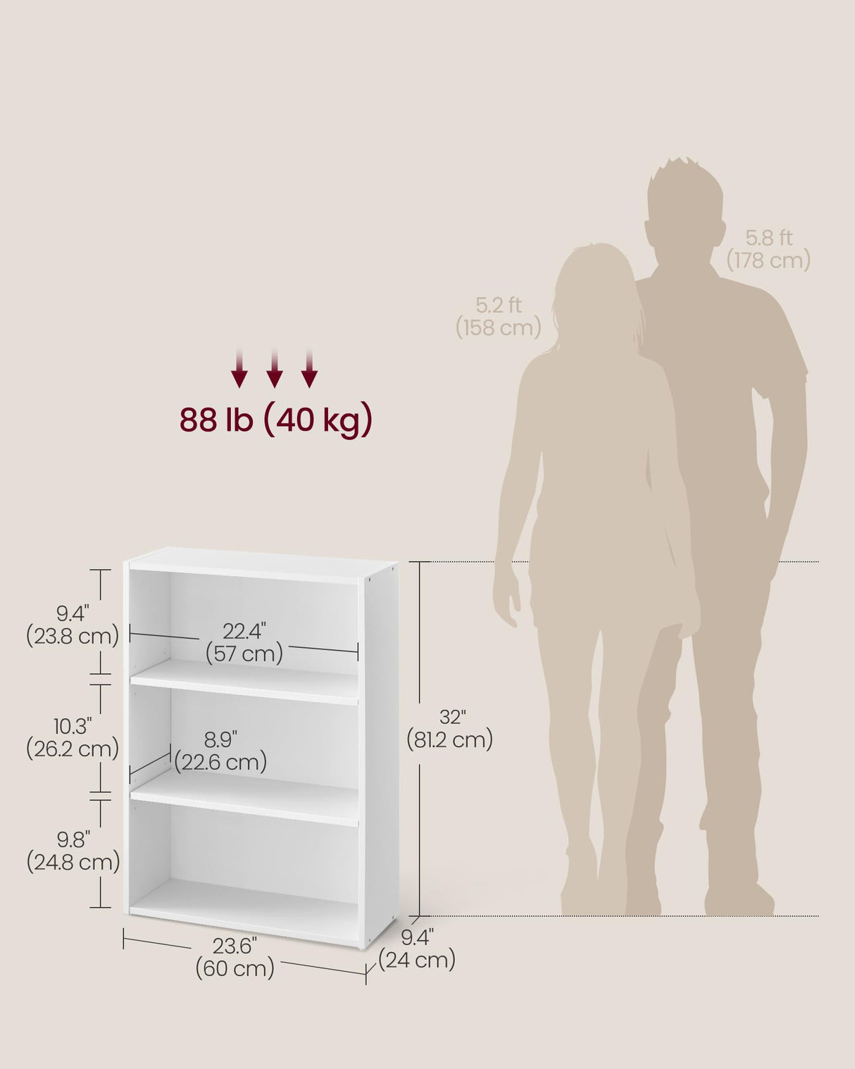 VASAGLE Bookshelf, 23.6 Inches Wide, 3-Tier Open Bookcase with Adjustable Storage Shelves, Floor Standing Unit, Cloud White ULBC163T14 VASAGLE
