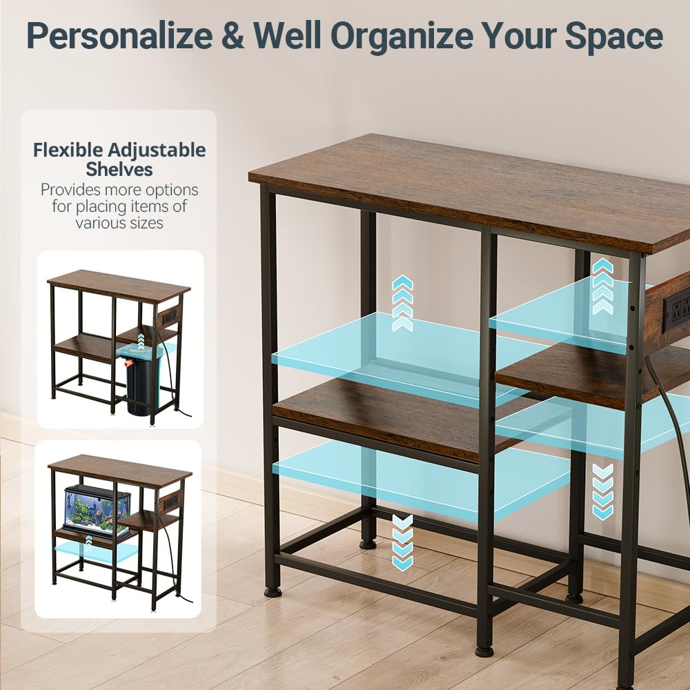 20-29-37 Gallon Fish Tank Stand with Power Outlet, Metal Aquarium Stand with Height-Adjustable Stoarge Shelves, 6-Leg Reptile Tank Stand, 400lbs Capacity PawGiant