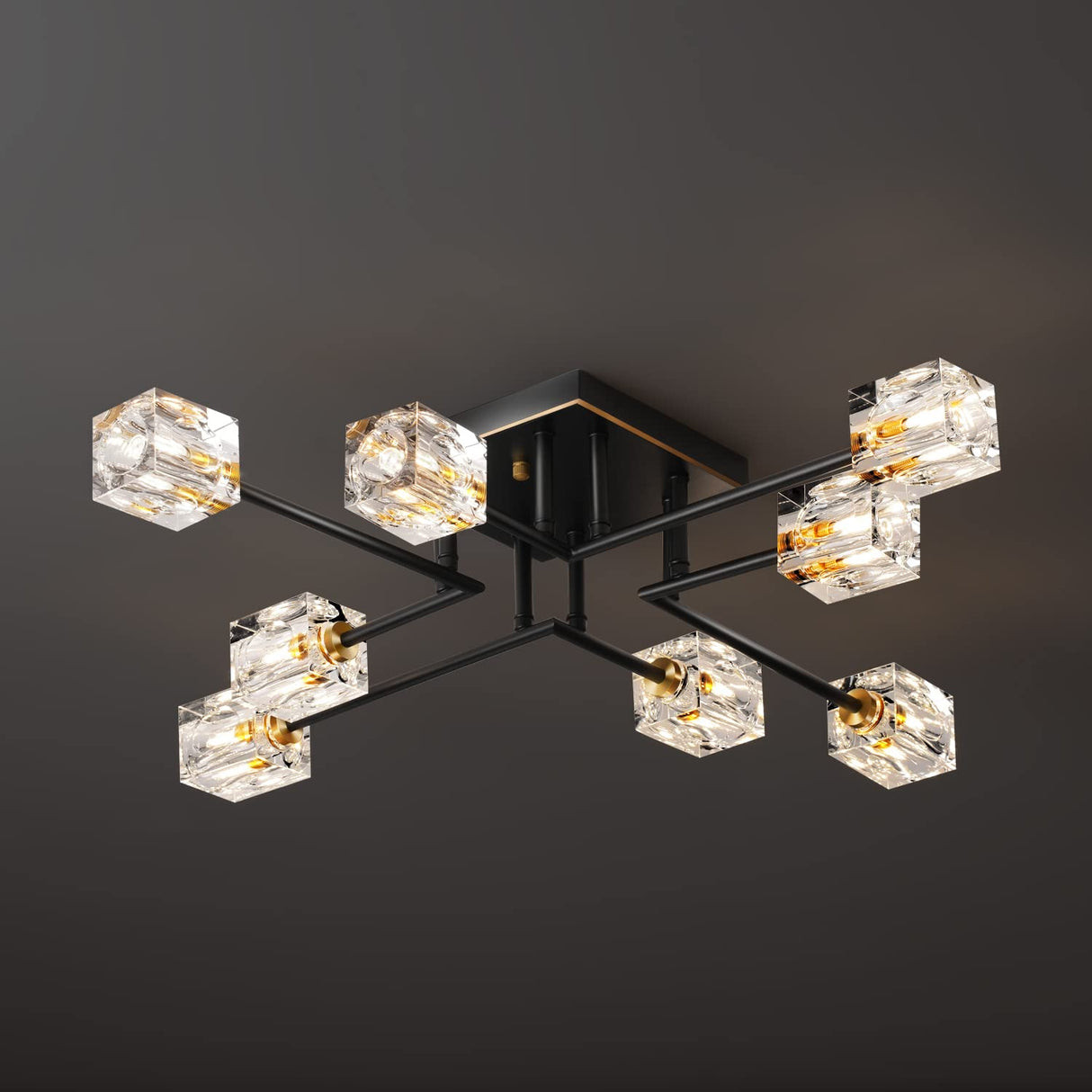 OKES 8-Lights Semi Flush Mount Ceiling Light Fixture,Black and Gold Modern Crystal Chandeliers,Farmhouse Lighting Fixtures for Dining Room Living Room Kitchen Bedroom Entryway OKES